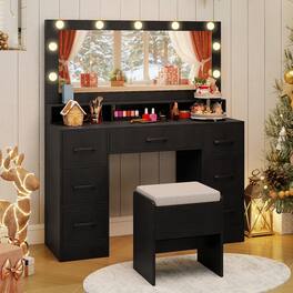 Gymax - Vanity Desk w/Mirror & Lights Power Outlets 3 Color Lighting Modes 7 Drawers - Black