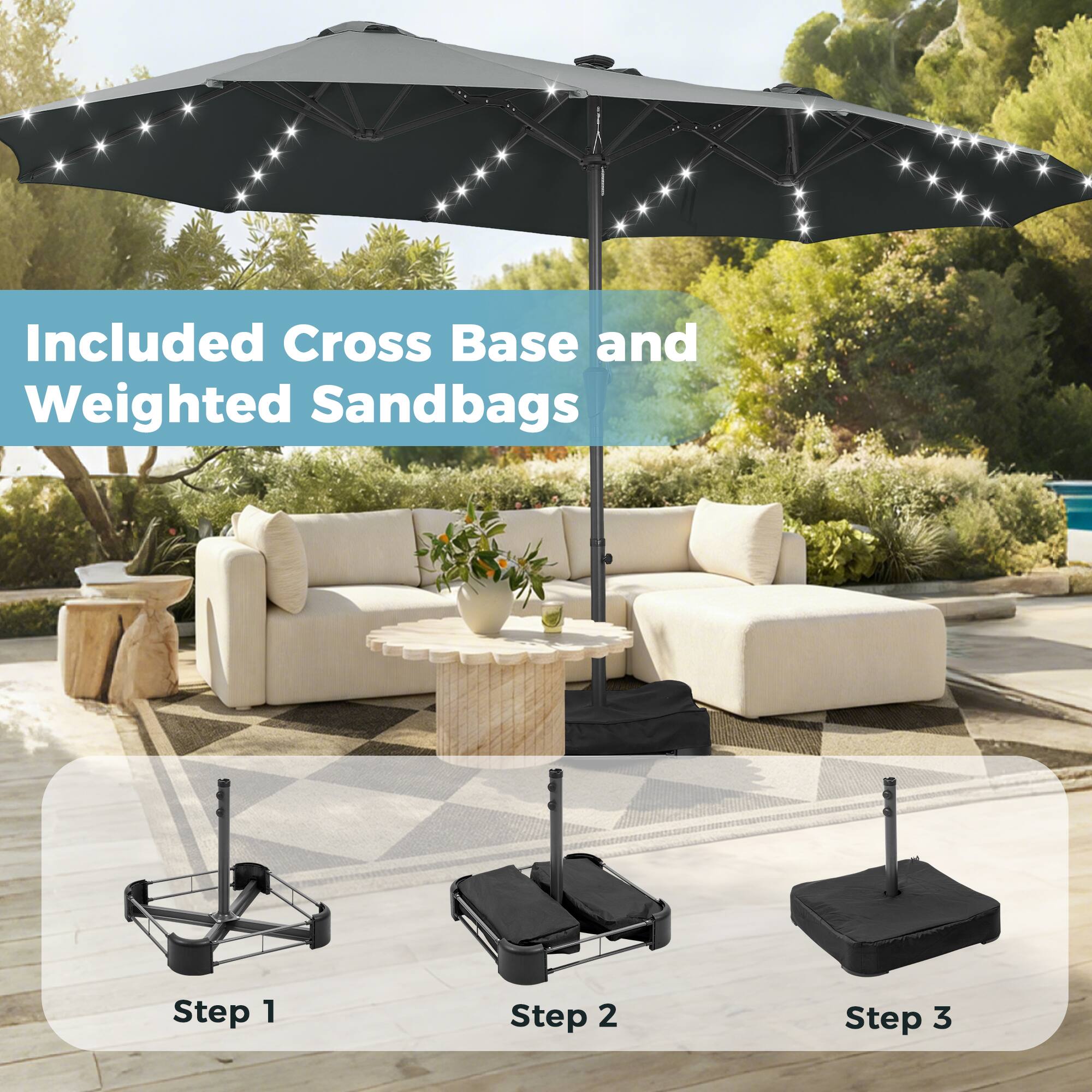 Included Cross Base and Weighted Sandbags  
Step 1  
Step 2  
Step 3