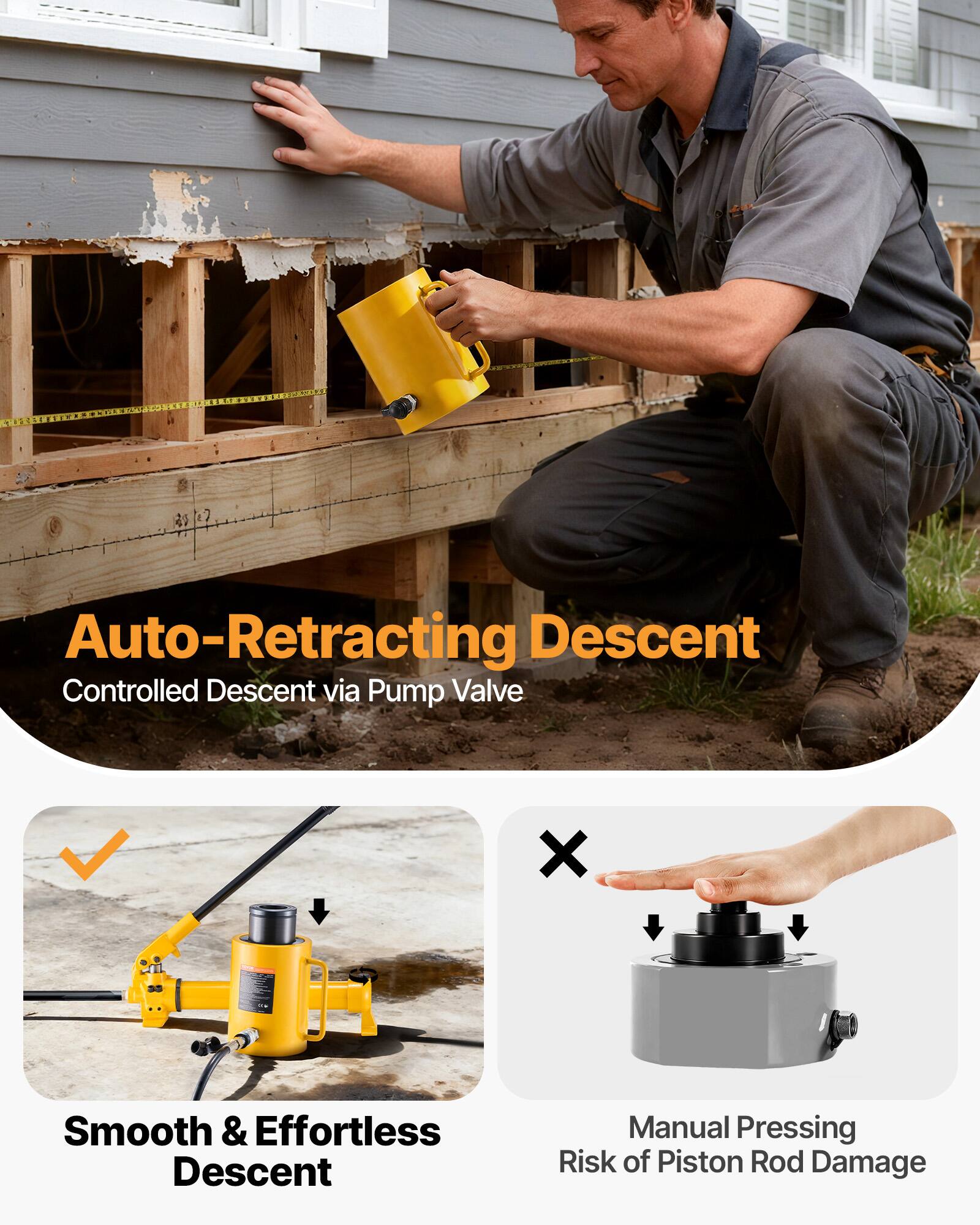 Auto-Retracting Descent  
Controlled Descent via Pump Valve  

Smooth & Effortless Descent  

Manual Pressing  
Risk of Piston Rod Damage