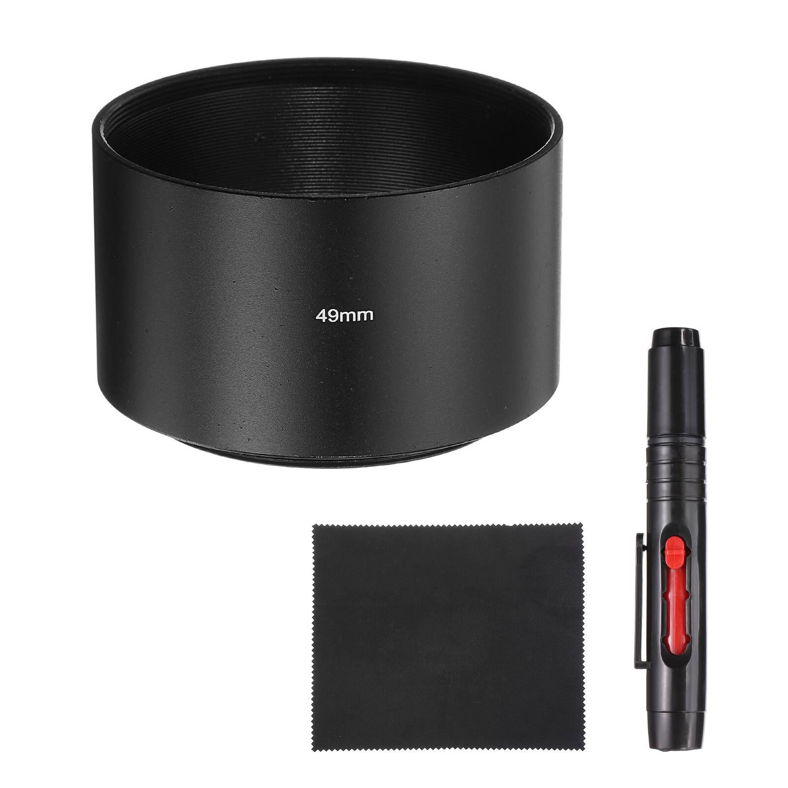 Front. Unique Bargains - Lens Hood Shade, 49mm Long-focus Metal Camera Cap Shade with Cleaning Cloth & Pen - Black.