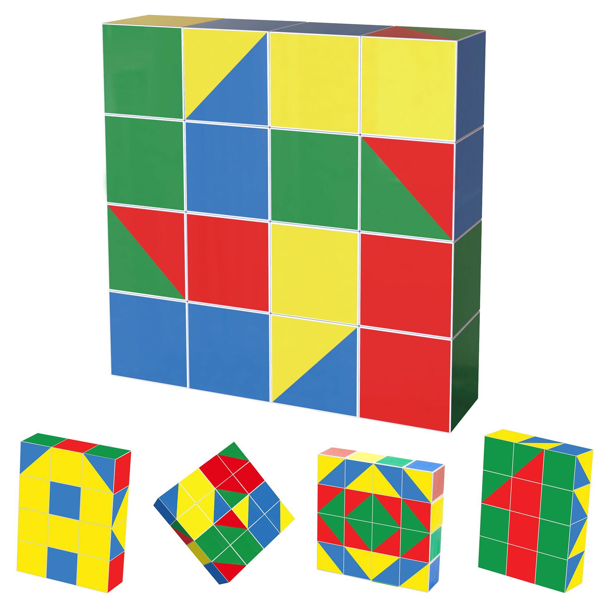 Front. PicassoTiles - Magnetic Puzzle Game Set, 16PCS Magic Cube Brain Teaser for Kids, Pattern Block Matching Toy with Free Idea Book.