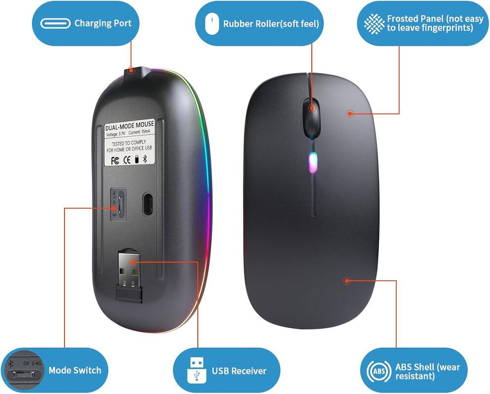 - Charging Port
- Rubber Roller (soft feel)
- Frosted Panel (not easy to leave fingerprints)
- DUAL-MODE MOUSE
  - Voltage: 3.7V
  - Current: 15mA
  - Tested to comply for home or office use
  - FC CE
- Mode Switch
- USB Receiver
- ABS Shell (wear resistant)