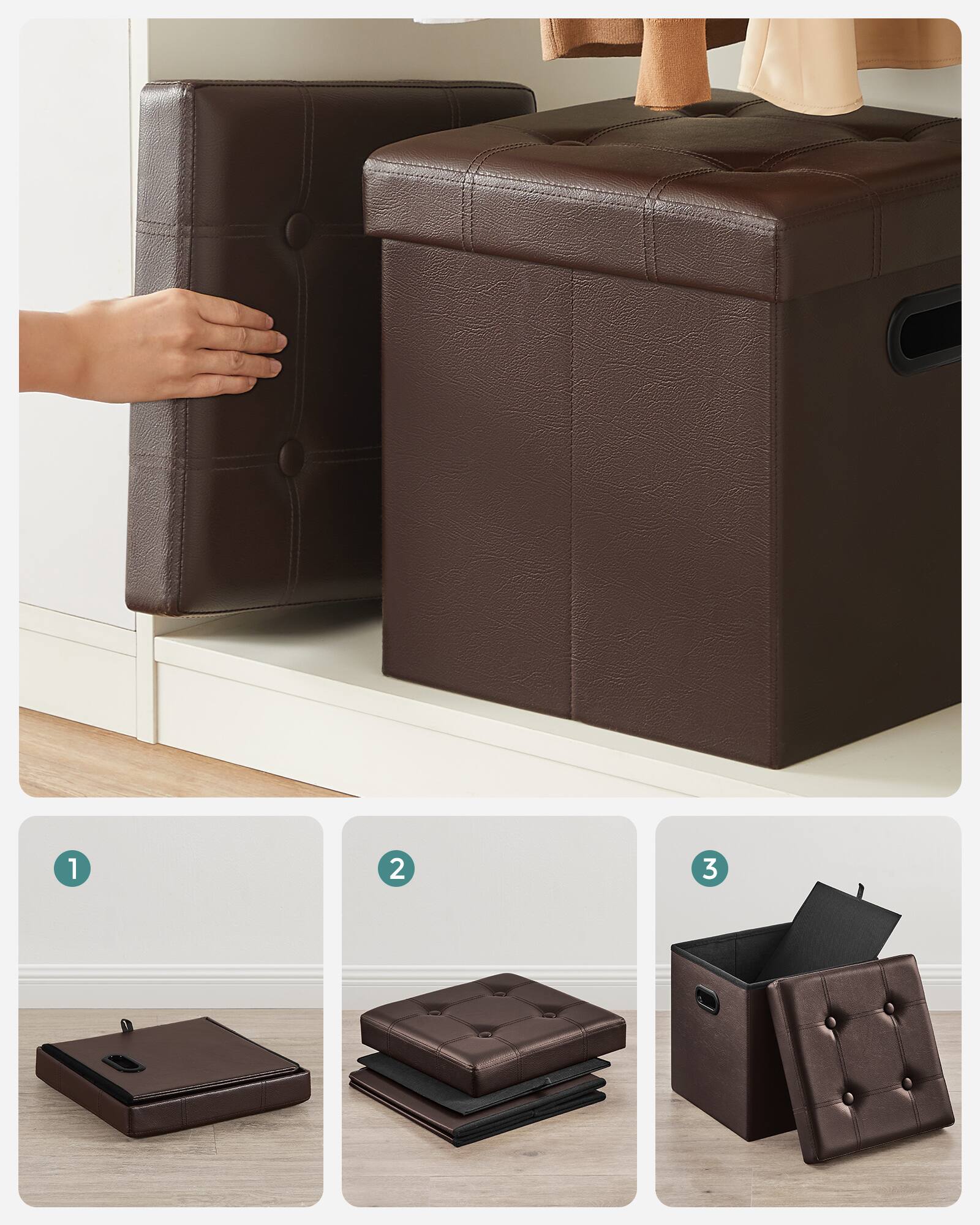 Alt View 4. Songmics Home - 15 Inches Ottoman with Storage, Footstool, Storage Ottoman with Metal Handles, Load 660 lb, for Dorm, Living Room - Brown.