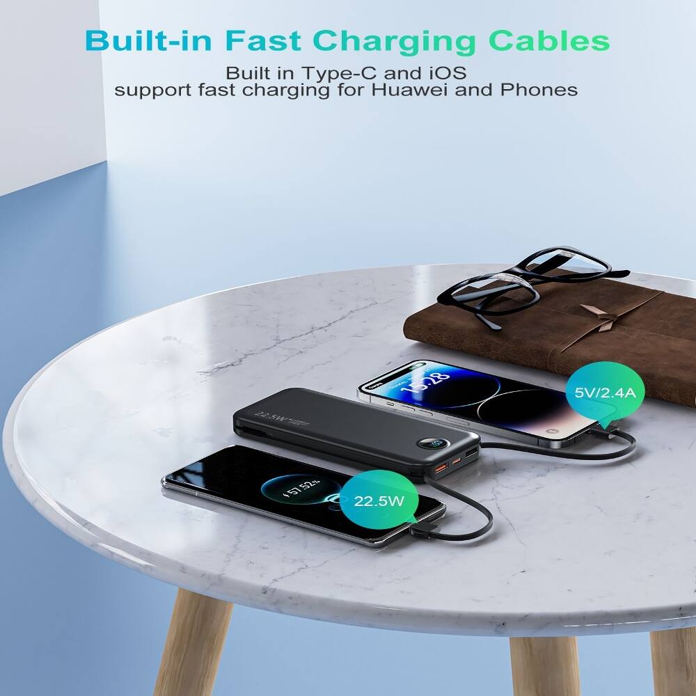 Built-in Fast Charging Cables  
Built in Type-C and iOS support fast charging for Huawei and Phones  
5V/2.4A  
22.5W