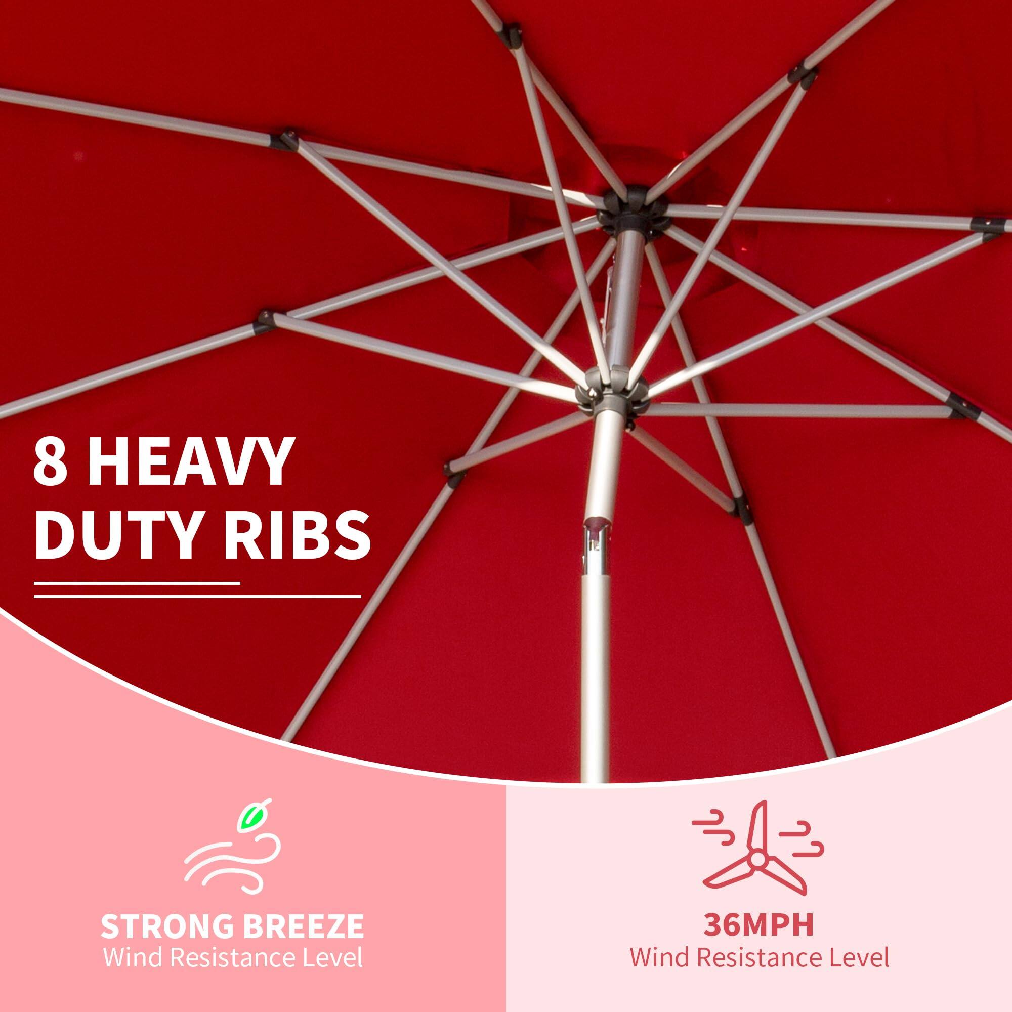 8 HEAVY DUTY RIBS

STRONG BREEZE  
Wind Resistance Level

36MPH  
Wind Resistance Level