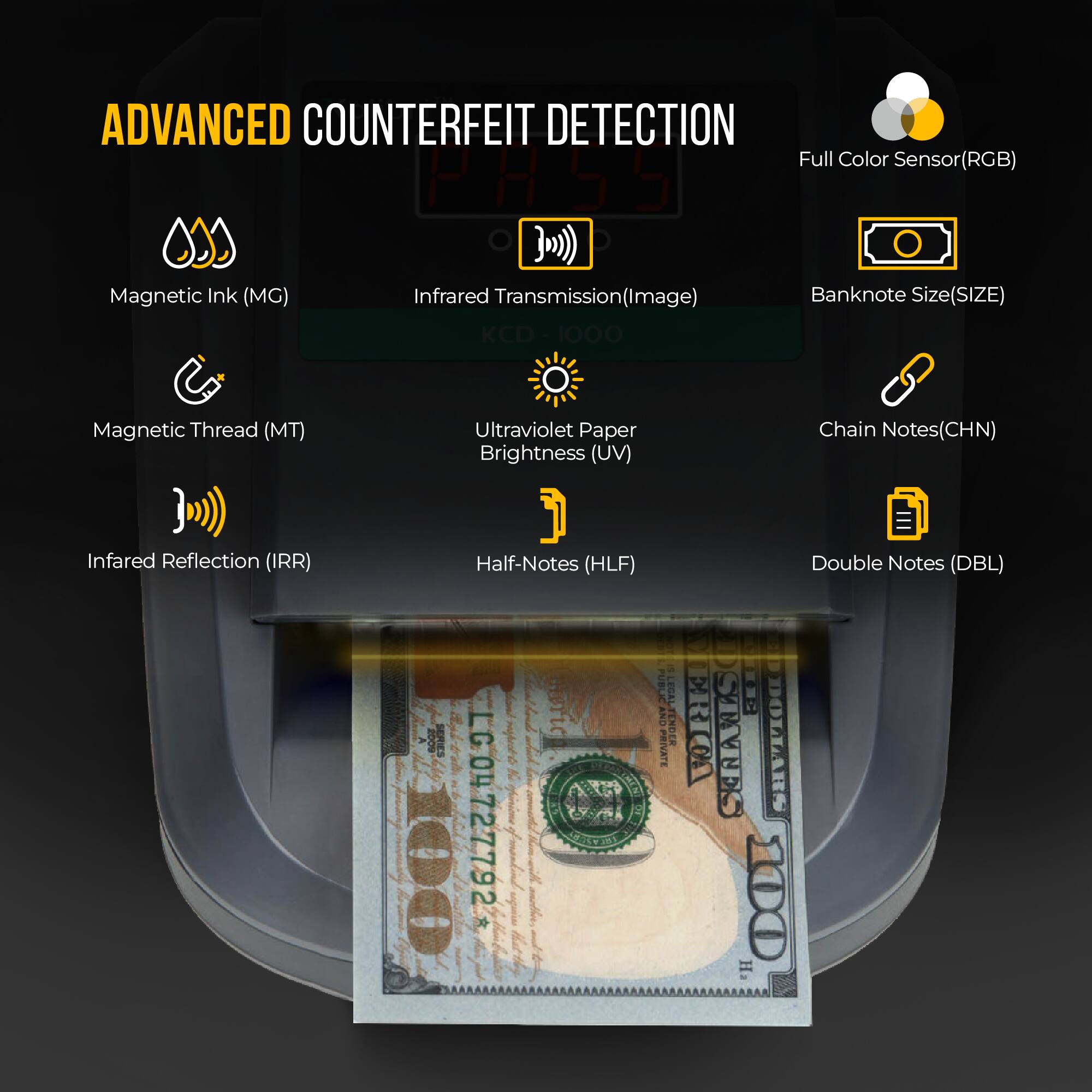 ADVANCED COUNTERFEIT DETECTION

- Magnetic Ink (MG)
- Infrared Transmission (Image)
- Banknote Size (SIZE)
- Magnetic Thread (MT)
- Ultraviolet Paper Brightness (UV)
- Chain Notes (CHN)
- Infrared Reflection (IRR)
- Half-Notes (HLF)
- Double Notes (DBL)
- Full Color Sensor (RGB)

SERIES LG04 100 LC04727792

PUBLIC LEGAL TENDER

PRIVATE C0

NC 23077

SCANS DOLLARS 100

"H"