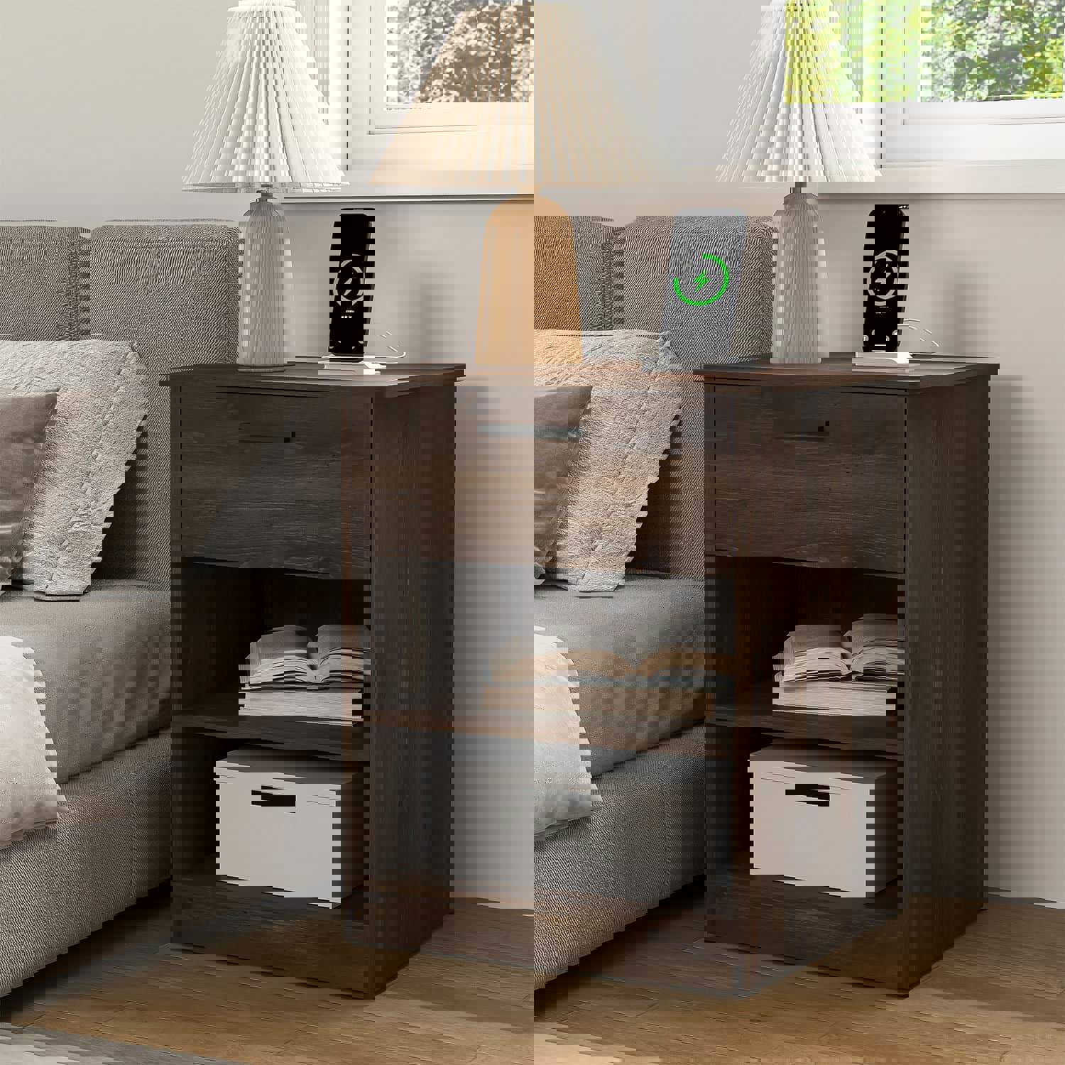 Angle. Kadyn - Kadyn Wood Nightstand With Charging Station, Bedside Table With Wood Drawers And Open Shelf, Bedroom - Brown.