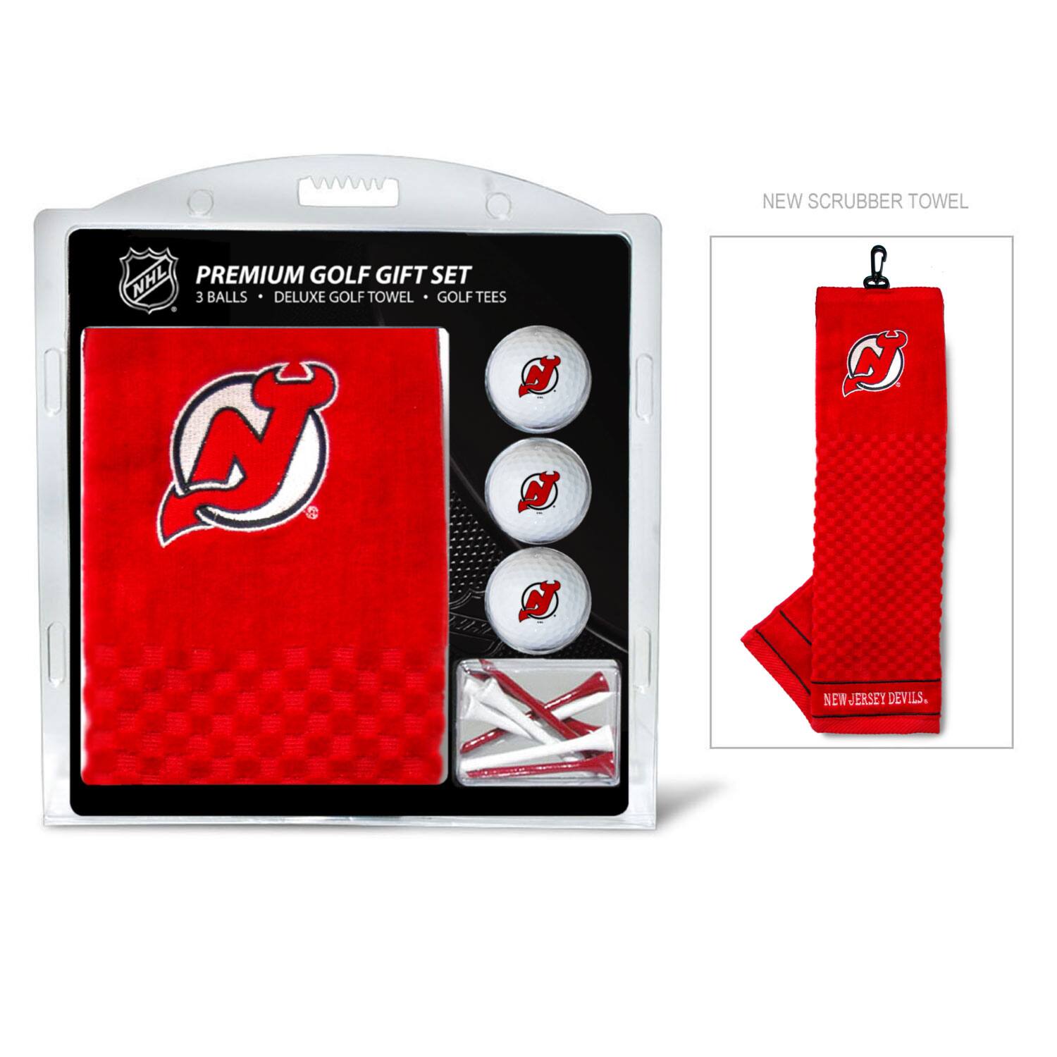 NEW SCRUBBER TOWEL  
NHL PREMIUM GOLF GIFT SET  
3 BALLS • DELUXE GOLF TOWEL • GOLF TEES  
NEW JERSEY DEVILS