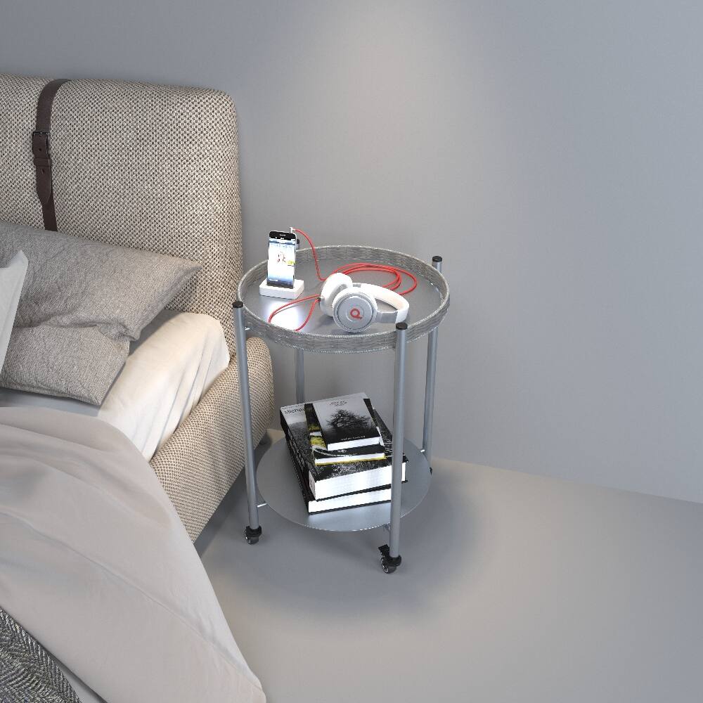 Alt View 1. Loheer - Loheer Round Coffee Table with Wheels 2-Tier Movable Metal Side Table Silver Rolling Nightstand for Living Room Bedroom - Silver.
