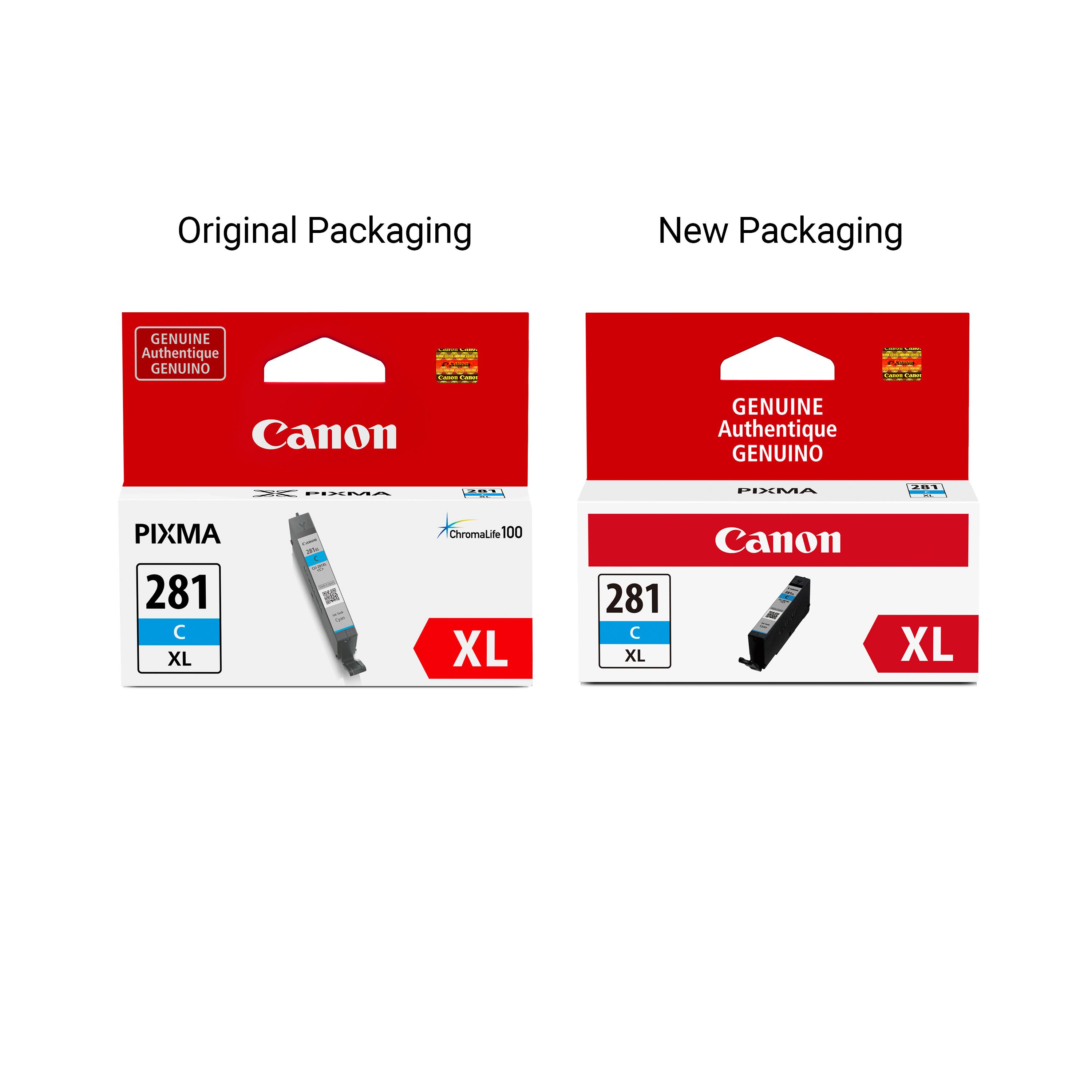 Original Packaging  
New Packaging  

GENUINE Authentique GENUINO  
Canon  

PIXMA  
281 C XL  
ChromaLife 100  

XL