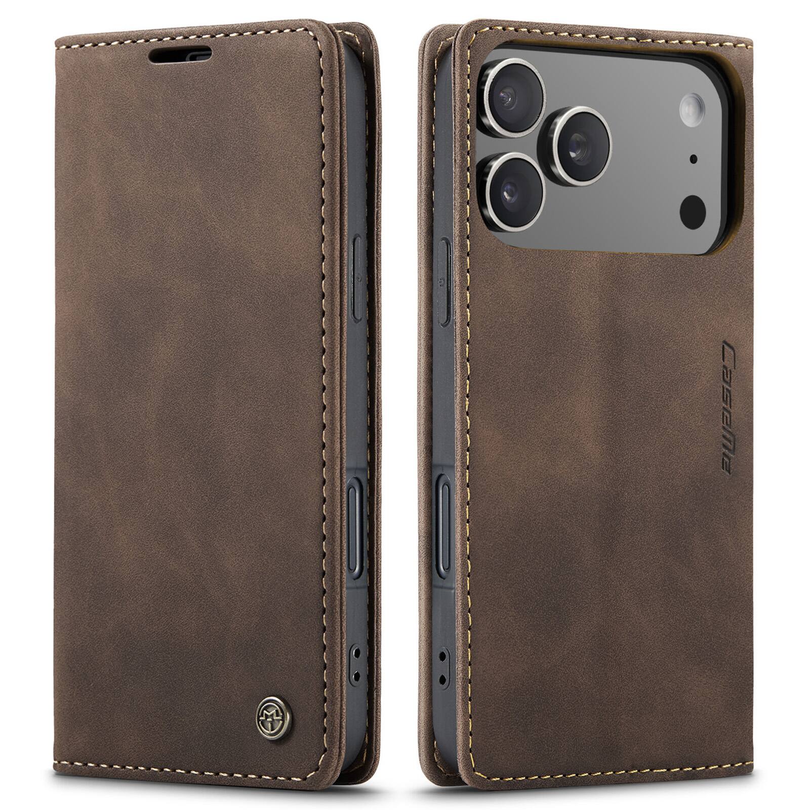Angle. UUCOVER - Wallet Case for Apple iPhone 18 Pro,Magnetic PU Leather+TPU Card Slots Case Shockproof Flip Stand Cover - Coffee.