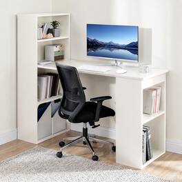 WELLFOR - 48" Computer Desk with 4-Tier Bookcase, Modern Reversible Home office Desk Writing Desk for Small Spaces - White