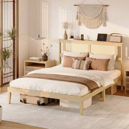 Winado - Rattan Bed Frame with Rattan Headboard Boho Wooden Platform Bed with Charging Station and Underbed Storage for Bedroom - Natural, Queen Size