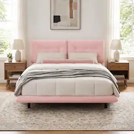 Anysun - Queen Size Upholstered Floating Bed Frame with LED Lights – PU Leather with Button-Tufted Headboard, Easy Assembly - Pink