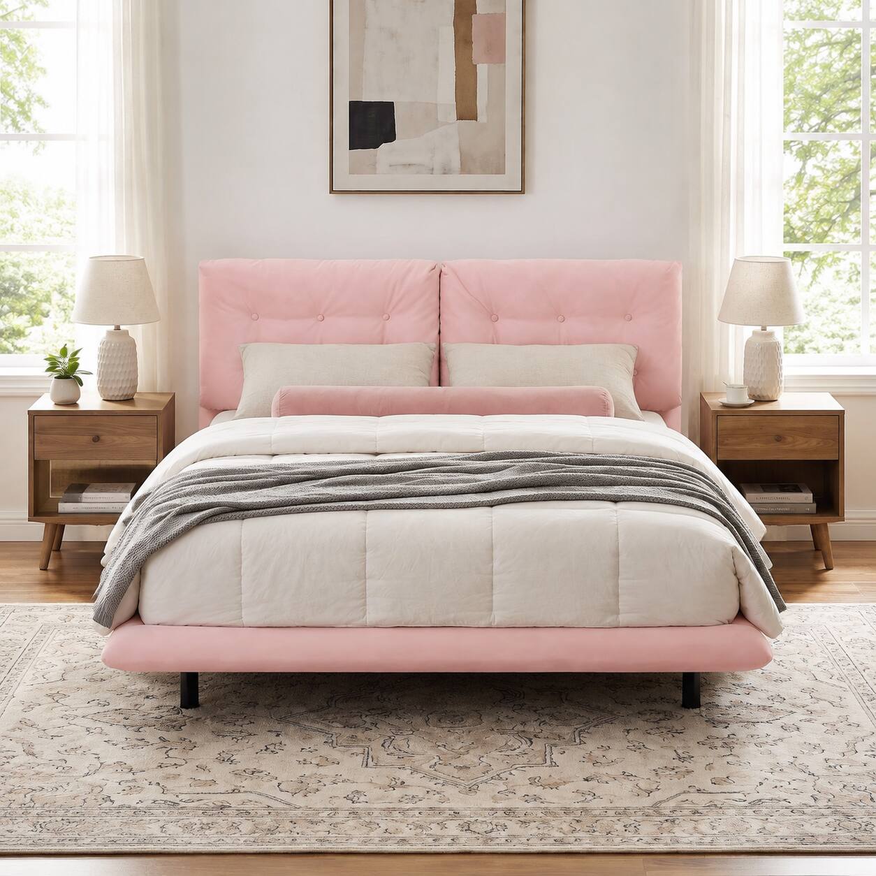 Front. Anysun - Queen Size Upholstered Floating Bed Frame with LED Lights – PU Leather with Button-Tufted Headboard, Easy Assembly - Pink.