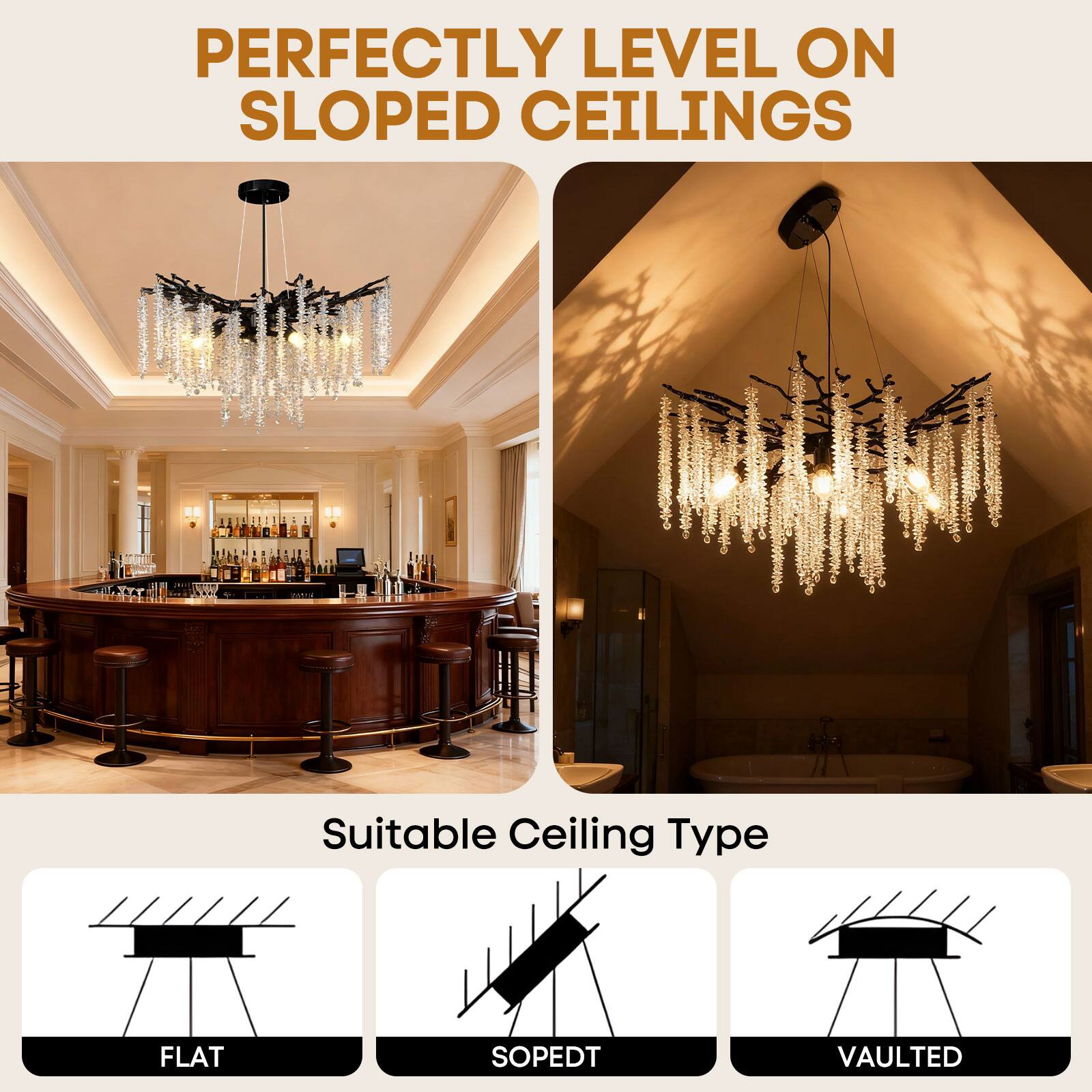 PERFECTLY LEVEL ON SLOPED CEILINGS

Suitable Ceiling Type

FLAT  
SLOPED  
VAULTED