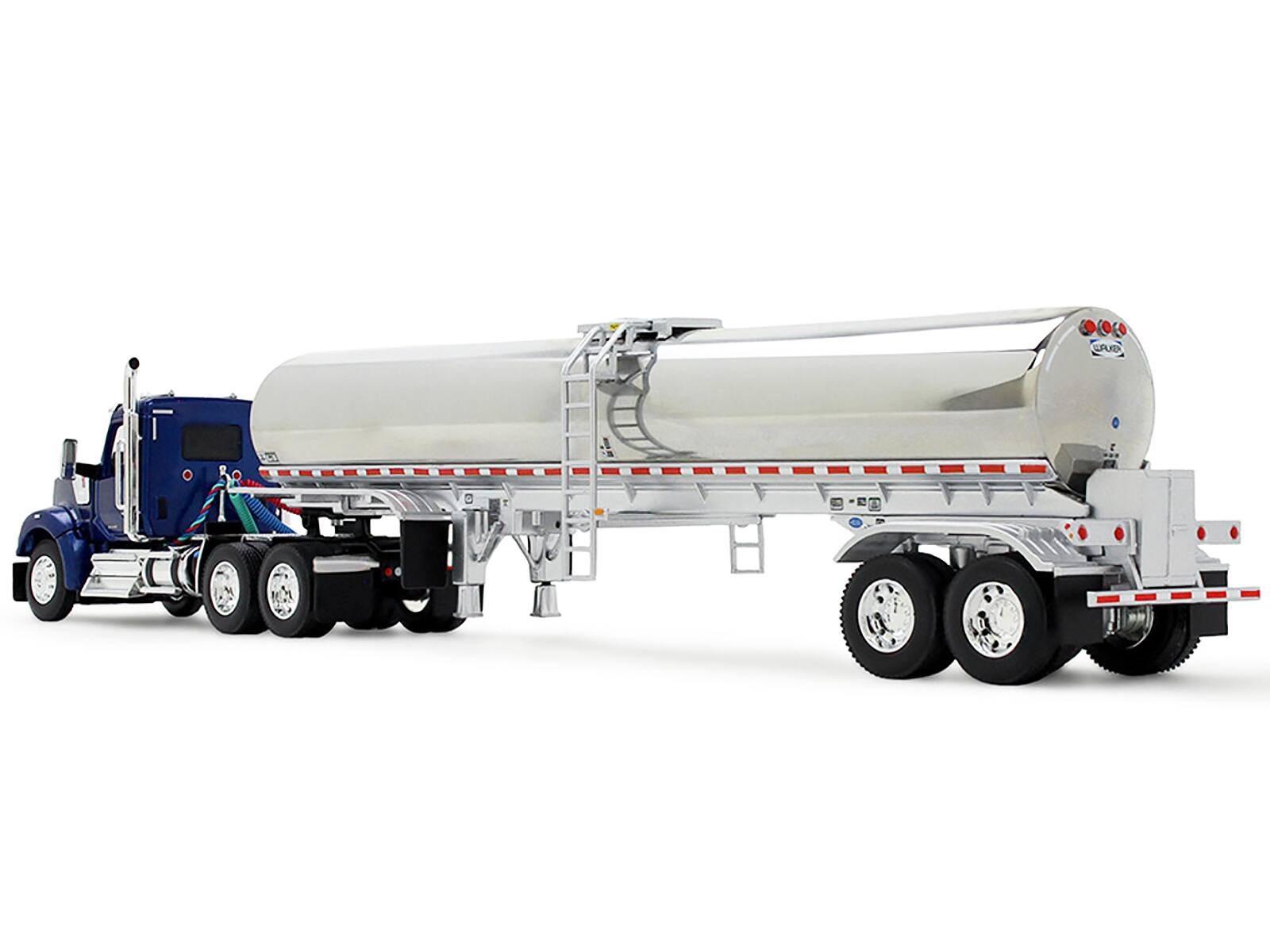Left. First Gear - Kenworth W990 Day Cab with Walker Food Grade Tank Trailer Viper Blue 1/64 Diecast Model by DCP/First Gear - Blue.