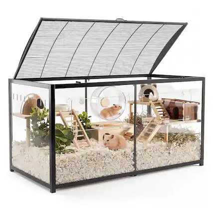 Front. VEVOR - Hamster Cage 47.2"x23.6"x25.4" 360° Viewing Metal Hamster Habitat, Transparent Small Animal Cage with Top Access - Black.