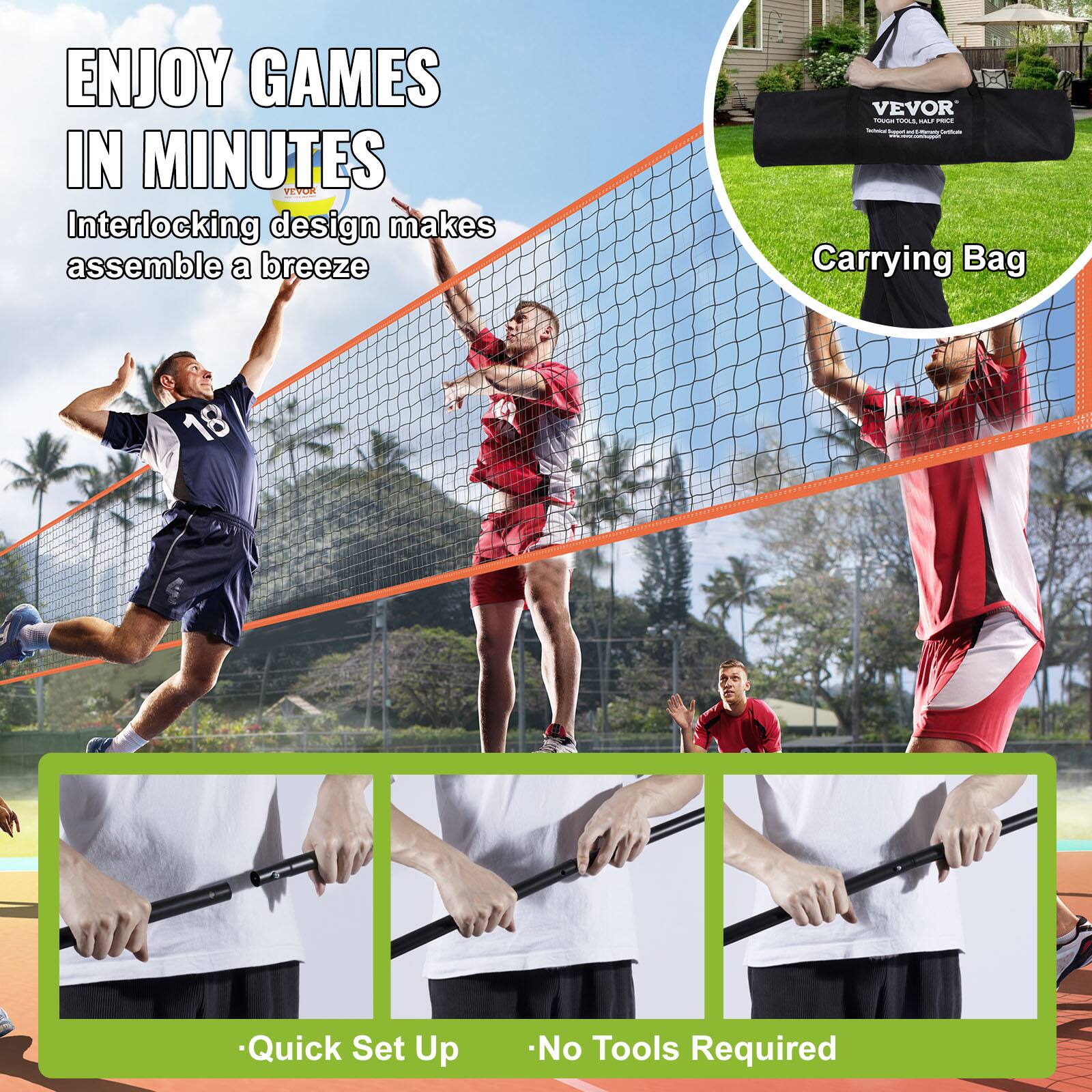 ENJOY GAMES IN MINUTES

Interlocking design makes assemble a breeze

Carrying Bag

Quick Set Up

No Tools Required