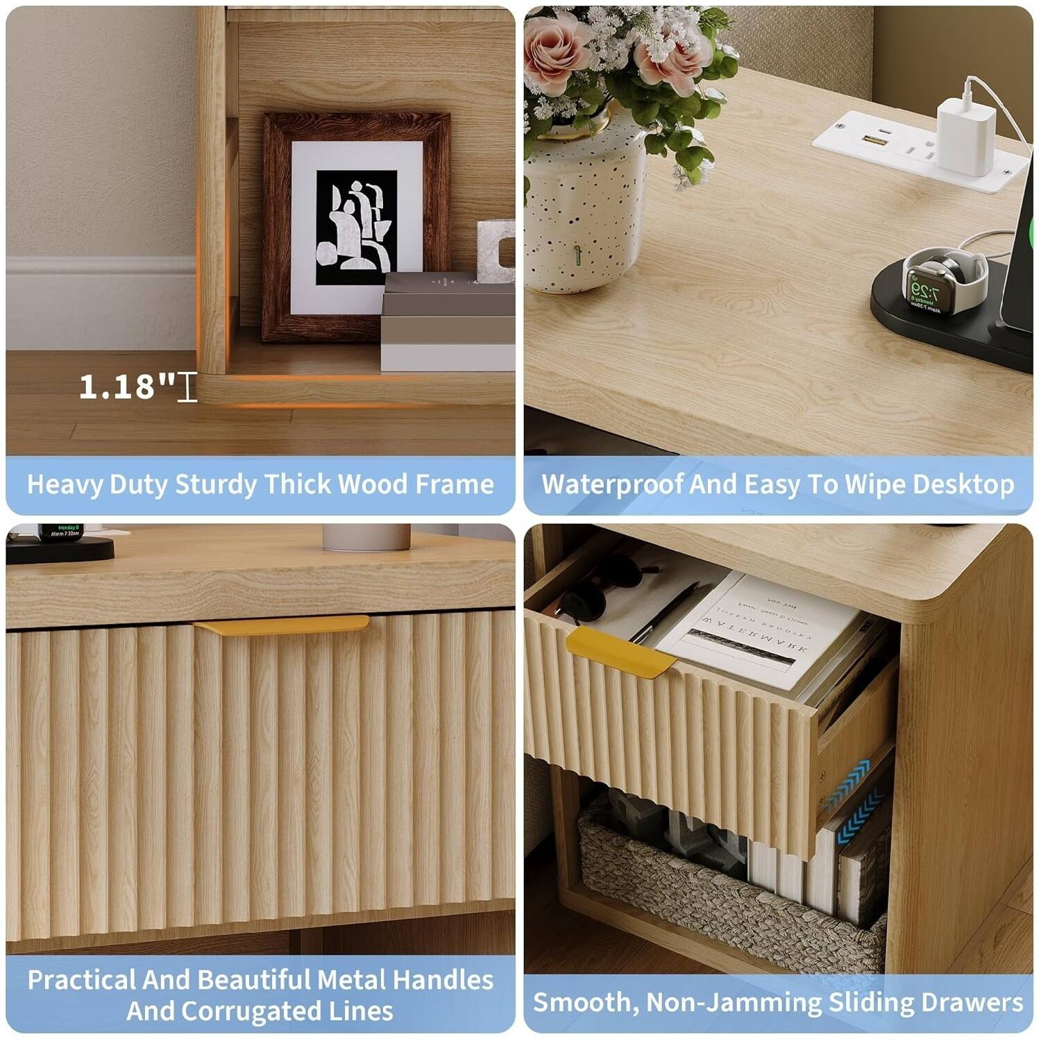 1.18" I

Heavy Duty Sturdy Thick Wood Frame

Waterproof And Easy To Wipe Desktop

Practical And Beautiful Metal Handles And Corrugated Lines

Smooth, Non-Jamming Sliding Drawers