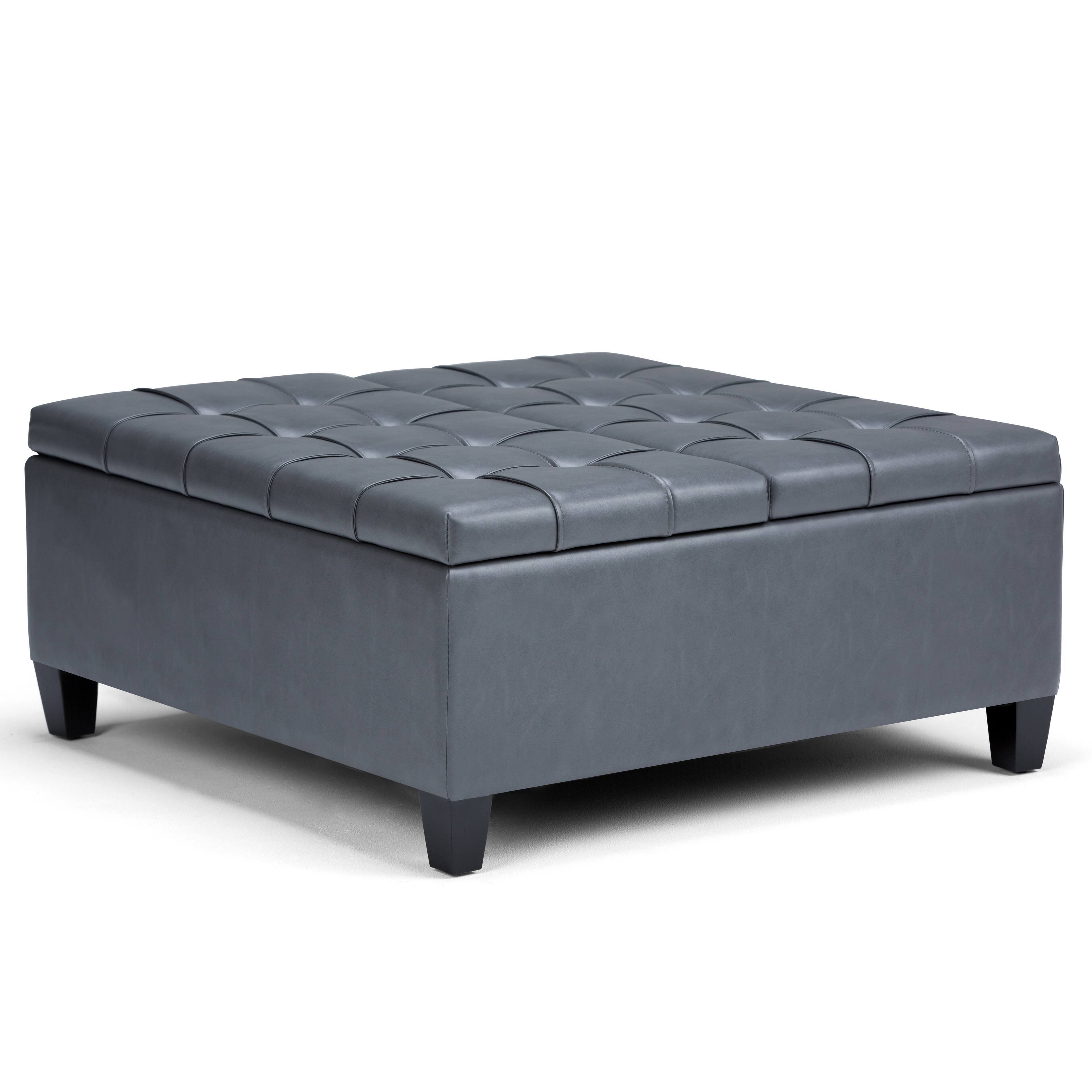 Angle. Simpli Home - Harrison 36 inch Wide Transitional Square Coffee Table Storage Ottoman in Stone Grey Faux Leather - Stone Gray.