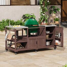 Chateau Abodes - 75.4" Outdoor Kitchen Island with Sink & Stainless Steel Top for XL Green Egg, Rolling BBQ Prep Station - Brown
