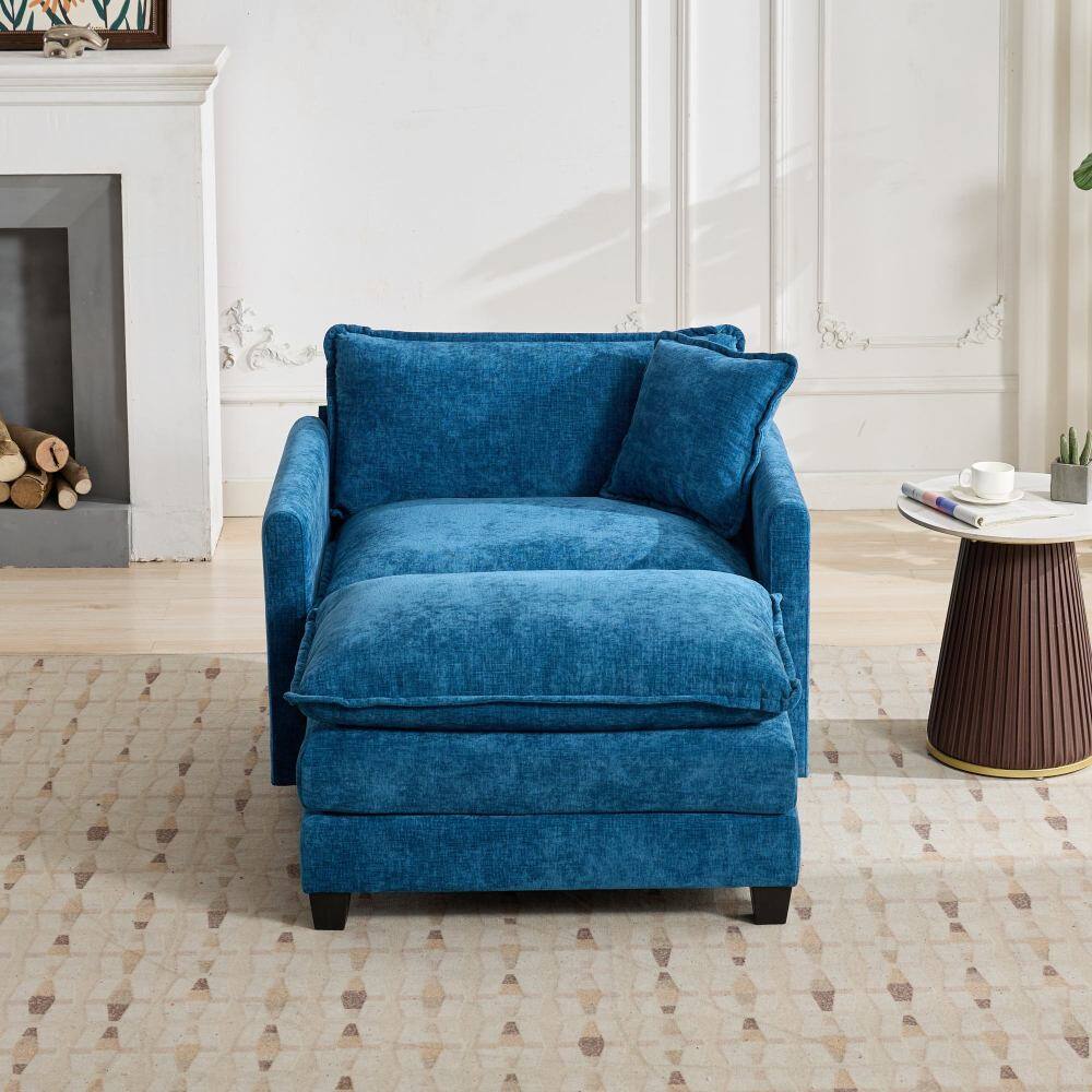 Left. PDTEND - Modern Blue Sofa Ottoman with Breathable Chenille Fabric for Living Room Bedroom and Apartment - Blue.