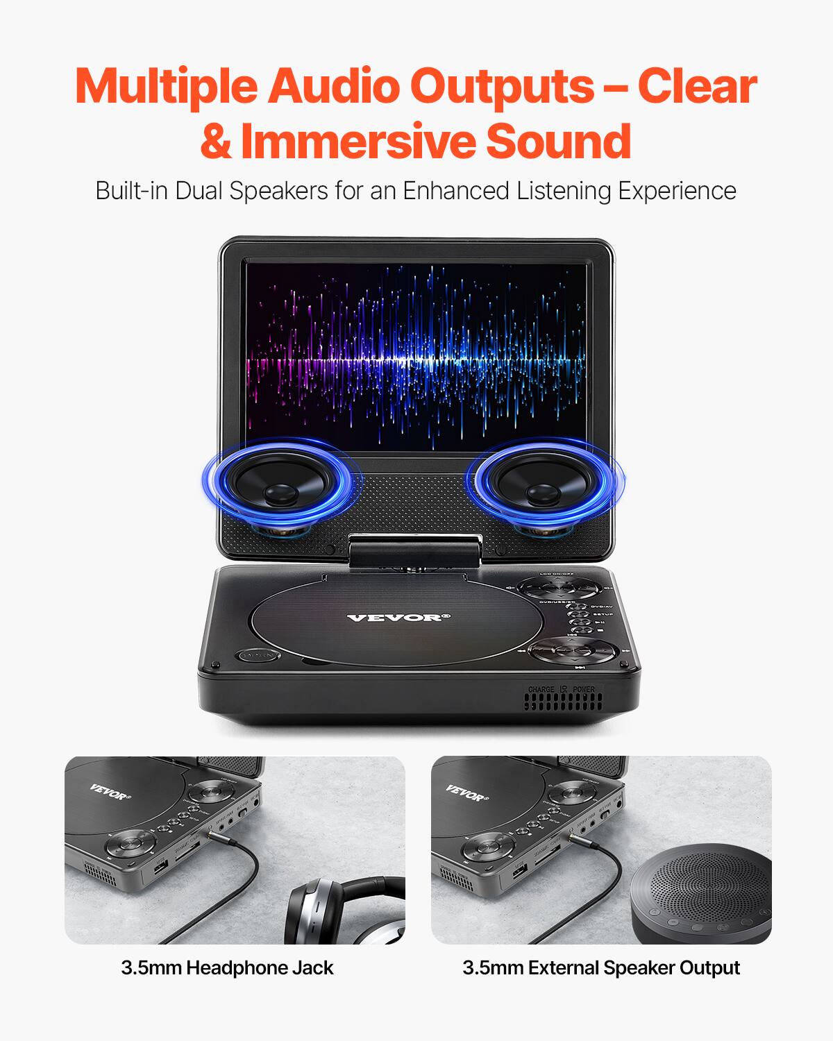 Multiple Audio Outputs – Clear & Immersive Sound  
Built-in Dual Speakers for an Enhanced Listening Experience  

3.5mm Headphone Jack  
3.5mm External Speaker Output