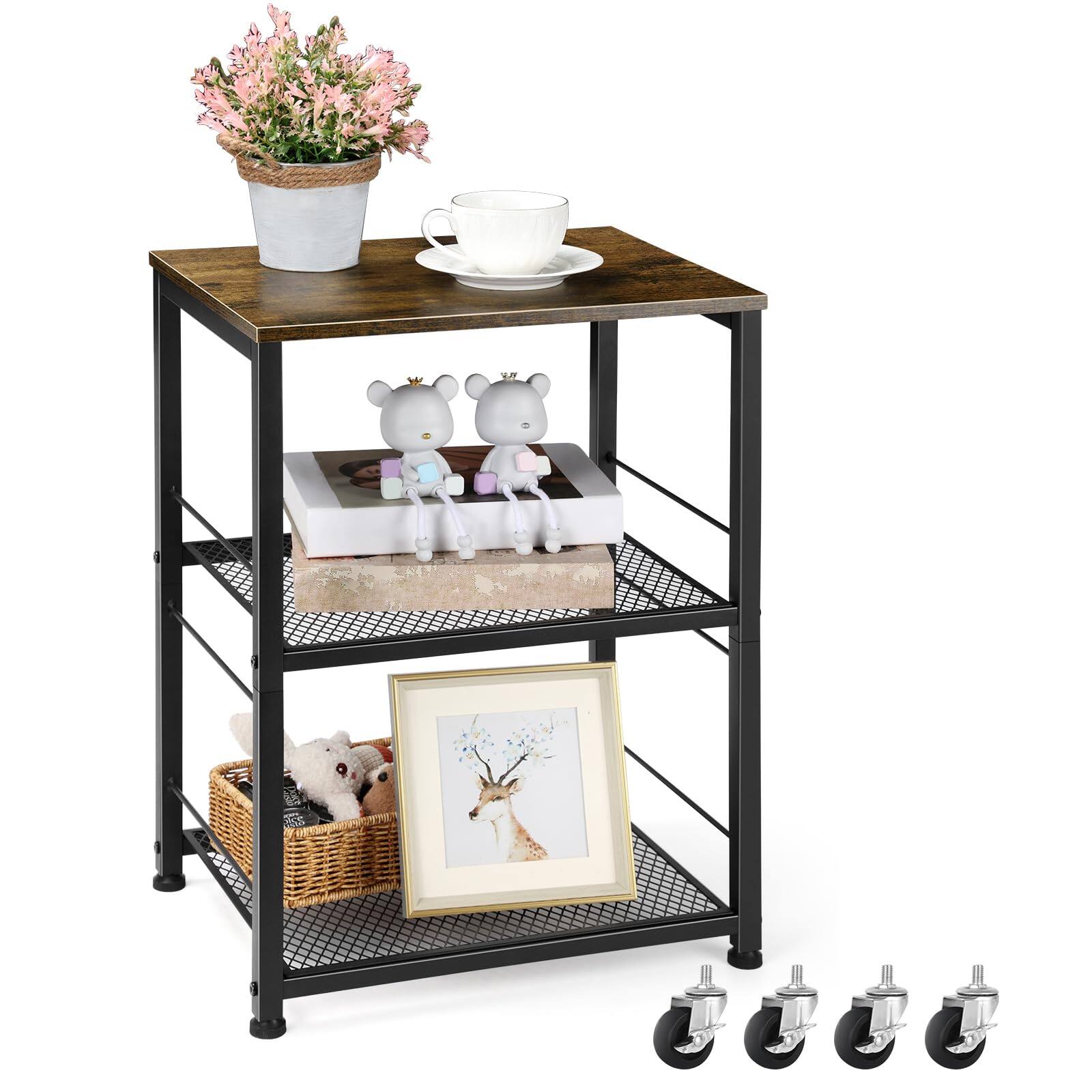 Alt View 5. PO3TICJUNKI3 - Side Table With Wheels Industrial Night Stand Storage Shelf 3 Tier Wood End Metal Frame For Space Living Ro... - Black.