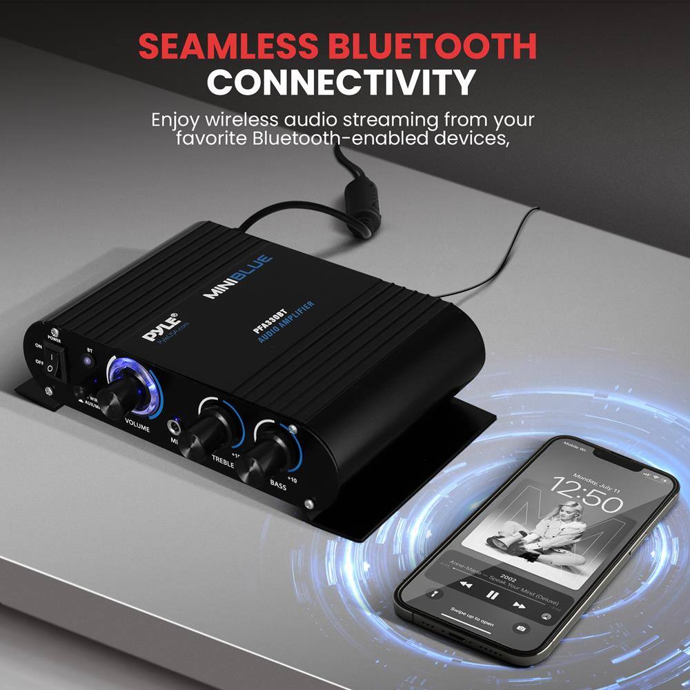 SEAMLESS BLUETOOTH CONNECTIVITY

Enjoy wireless audio streaming from your favorite Bluetooth-enabled devices.

PYLE MINI-BLUE PFAZOT AUDIO AMPLIFIER

VOLUME
TREBLE
BASS

12:50

Monday, July 11

2002 Tisar "Mnd (Deloue)"