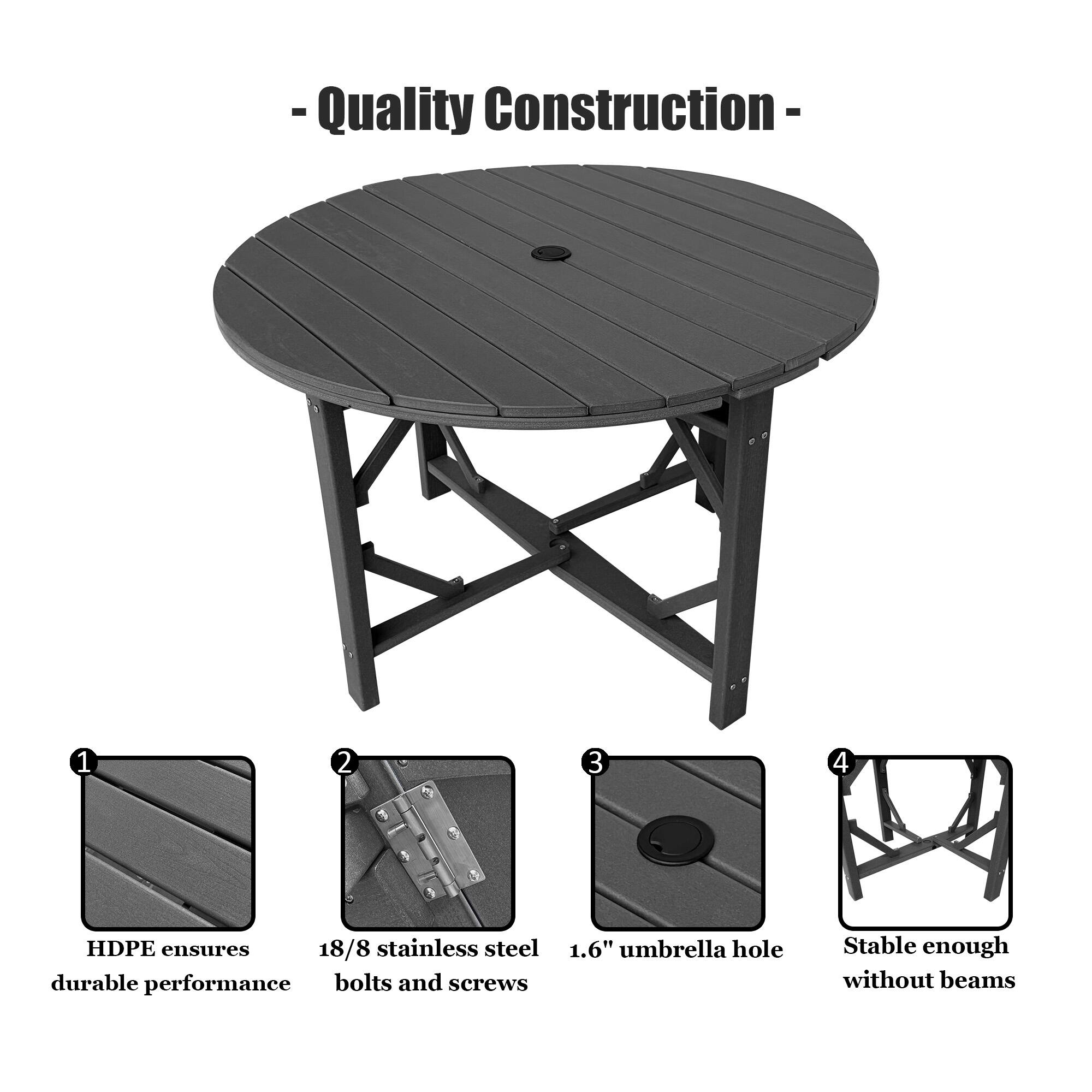 - Quality Construction -
1. HDPE ensures durable performance
2. 18/8 stainless steel bolts and screws
3. 1.6" umbrella hole
4. Stable enough without beams