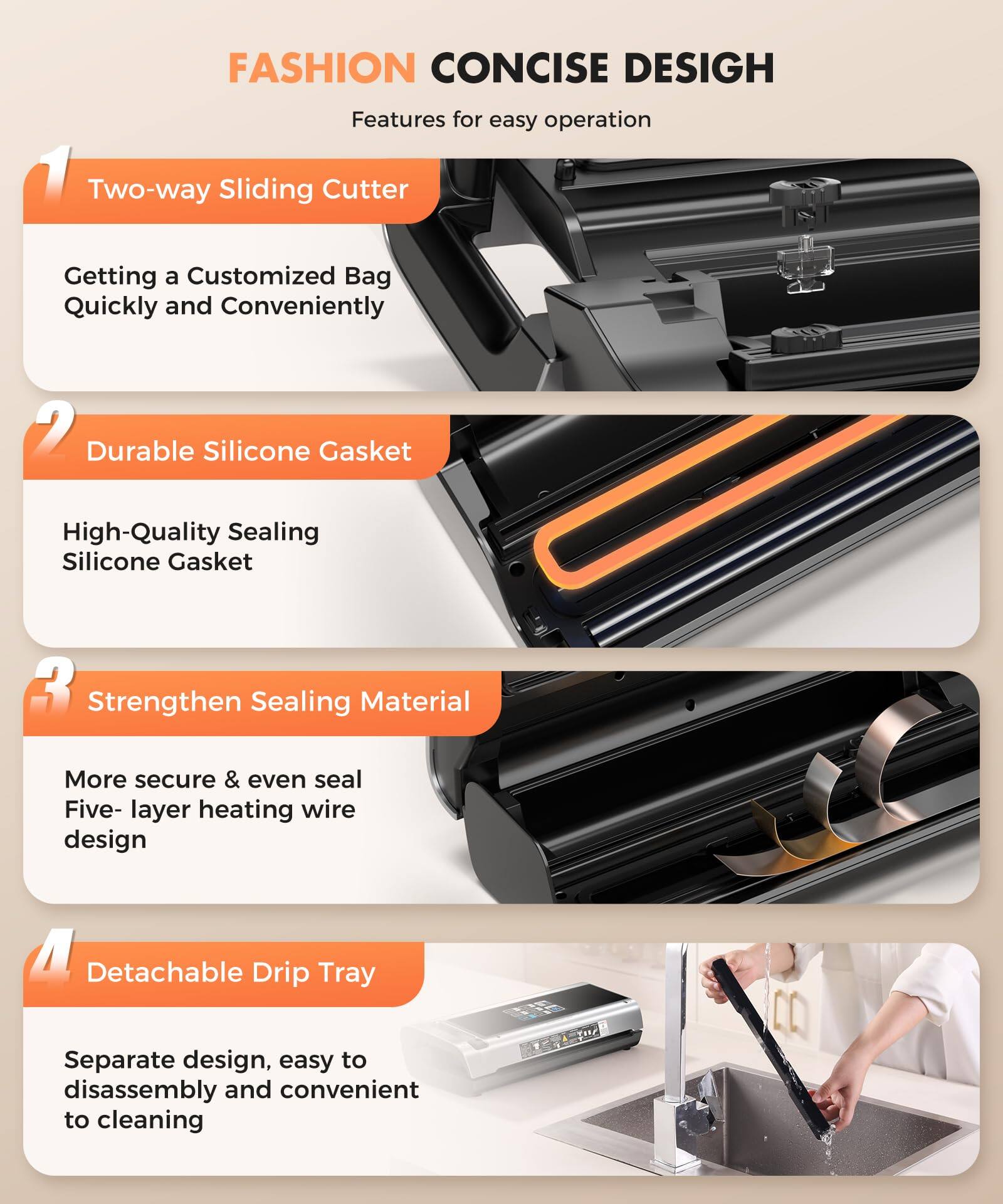 FASHION CONCISE DESIGN  
Features for easy operation

1. Two-way Sliding Cutter  
Getting a Customized Bag Quickly and Conveniently

2. Durable Silicone Gasket  
High-Quality Sealing Silicone Gasket

3. Strengthen Sealing Material  
More secure & even seal  
Five-layer heating wire design

4. Detachable Drip Tray  
Separate design, easy to disassemble and convenient to clean
