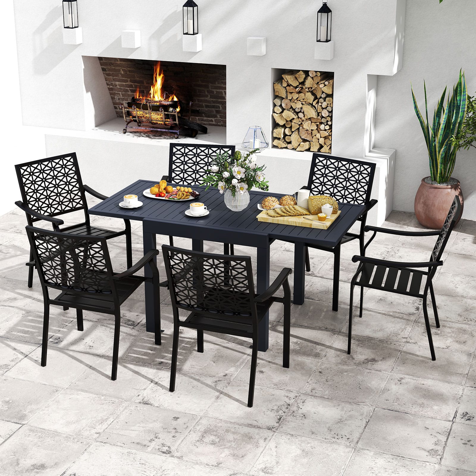 Gymax - 7PCS Expandable Outdoor Dining Set w/Slatted Tabletop & Seats for Deck Garden - Black