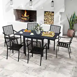 Gymax - 7PCS Expandable Outdoor Dining Set w/Slatted Tabletop & Seats for Deck Garden - Black