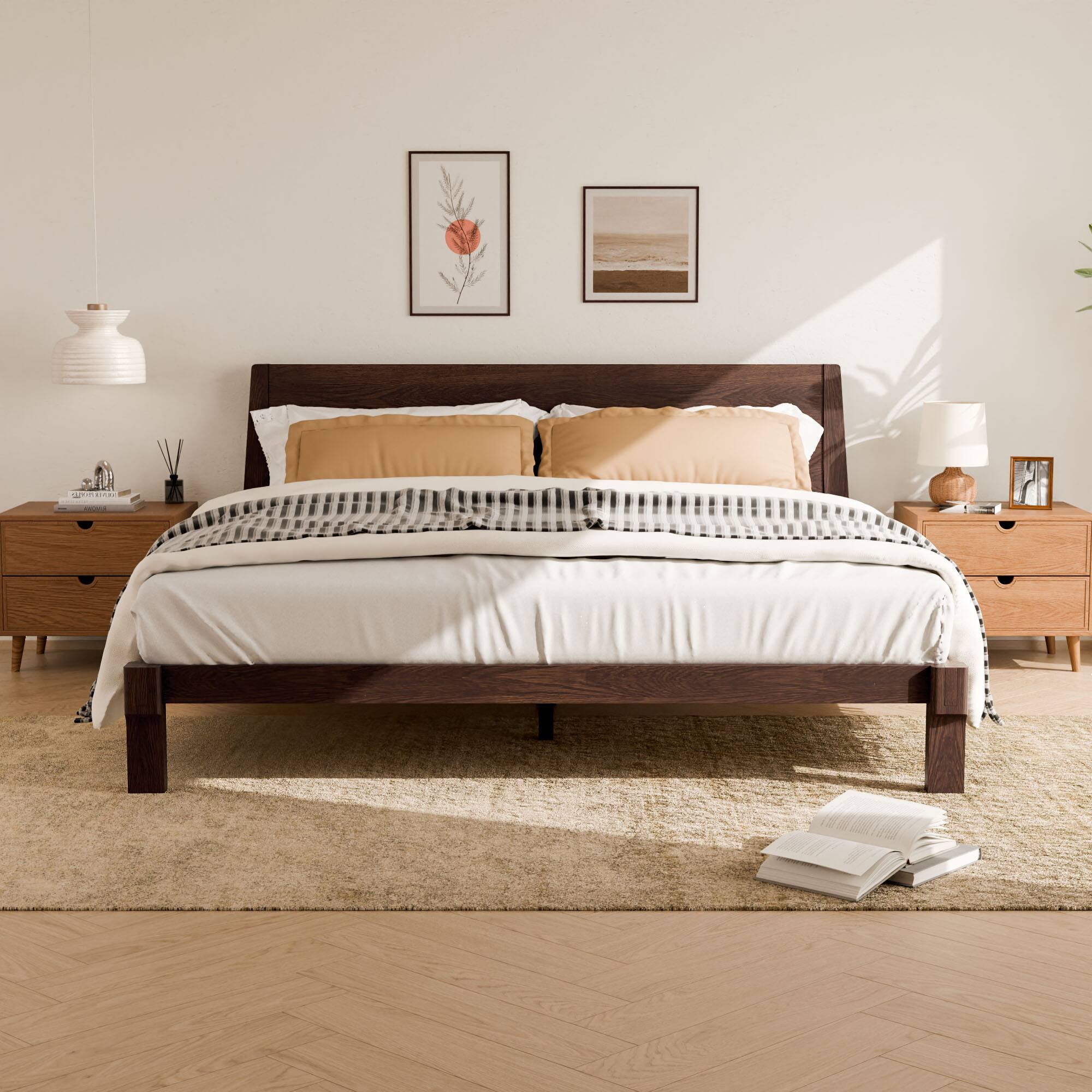 Left. FlexiSpot - Kana Japanese Joinery Solid Wood Platform Bed Frame with Headboard - Dark Walnut.