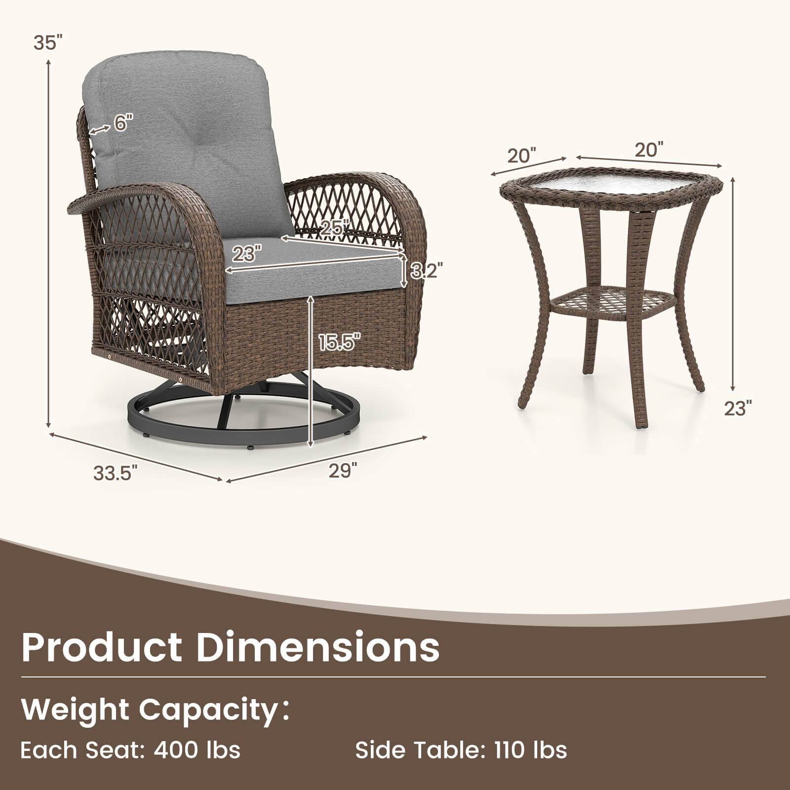 35" 6" 20" 20" 23" 25" 3.2" 15.5" 23" 33.5" 29"  
Product Dimensions  
Weight Capacity:  
Each Seat: 400 lbs  
Side Table: 110 lbs