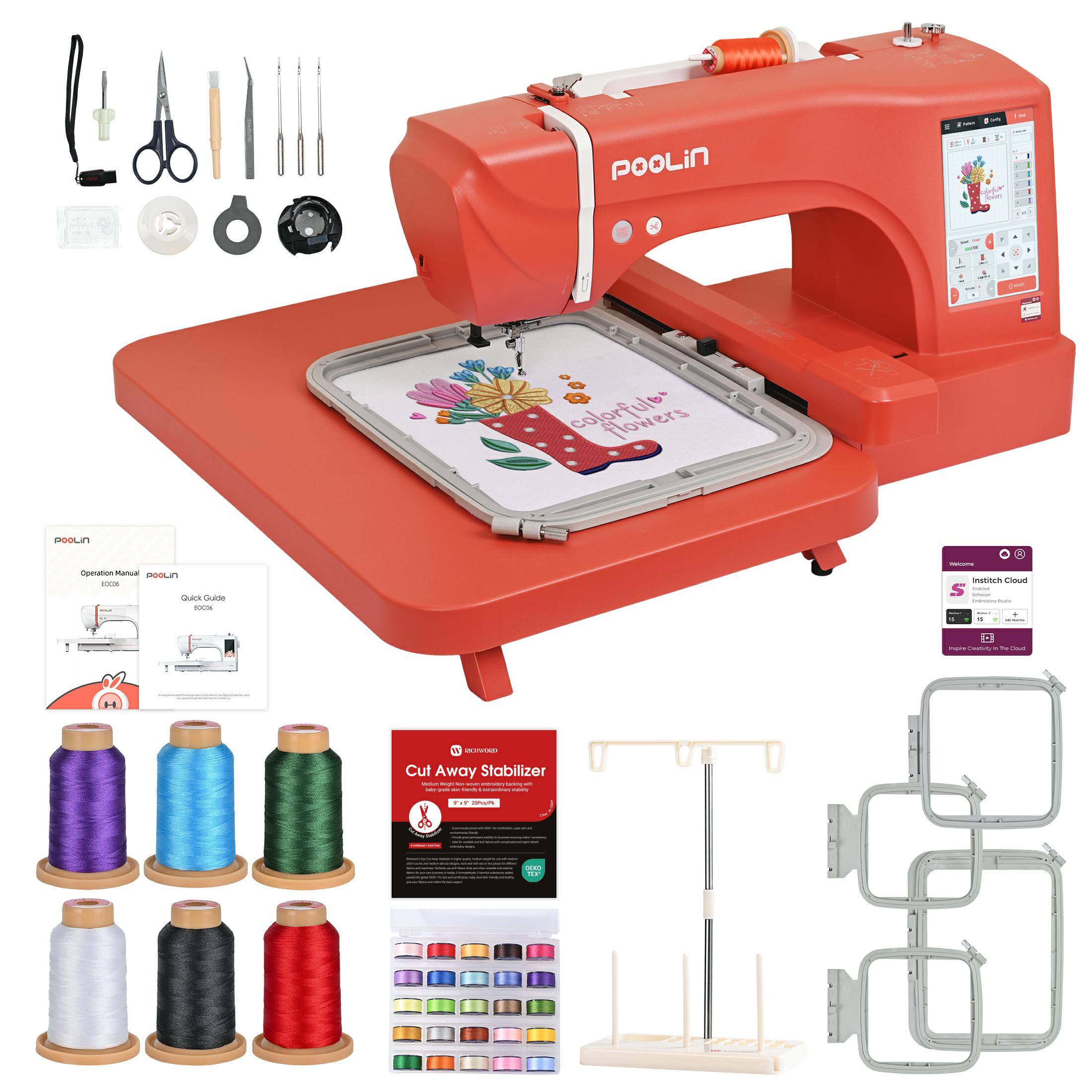 Poolin - EOC06-RE Computerized Embroidery Machine 7.9x11" Large Area 7" Touchscreen Wifi with Starter Kit for Business - Red