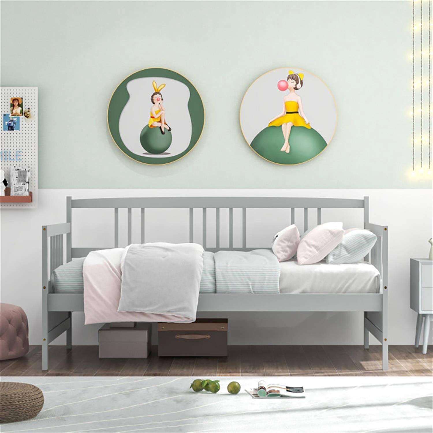 Back. Pefilos - Twin Size Wooden Slats Daybed Bed with Rails, Modern Bed Frame for Teens, Gray - Gray.