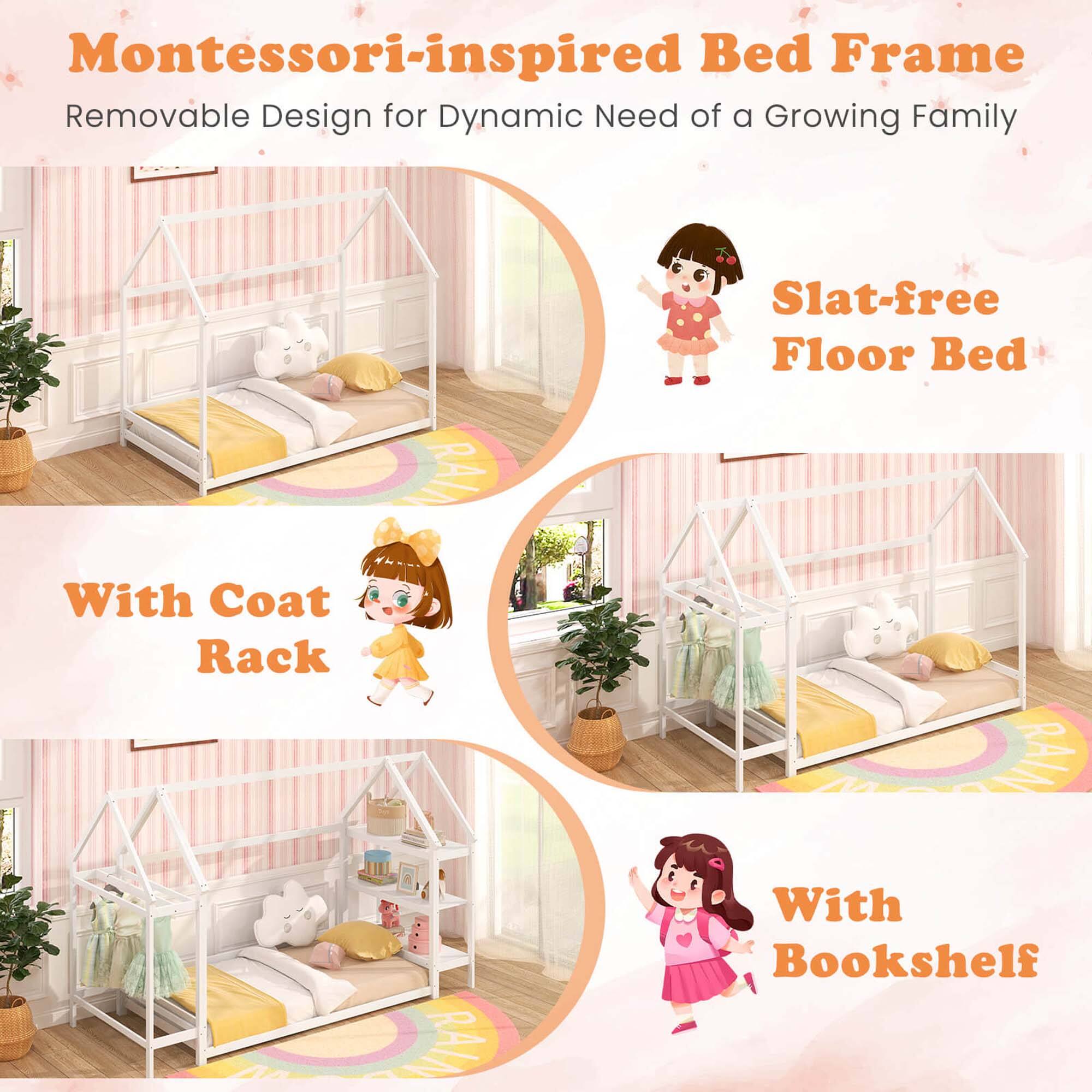 Montessori-inspired Bed Frame Removable Design for Dynamic Need of a Growing Family Slat-free Floor Bed BAL With Coat Rack  RAIA With Bookshelf