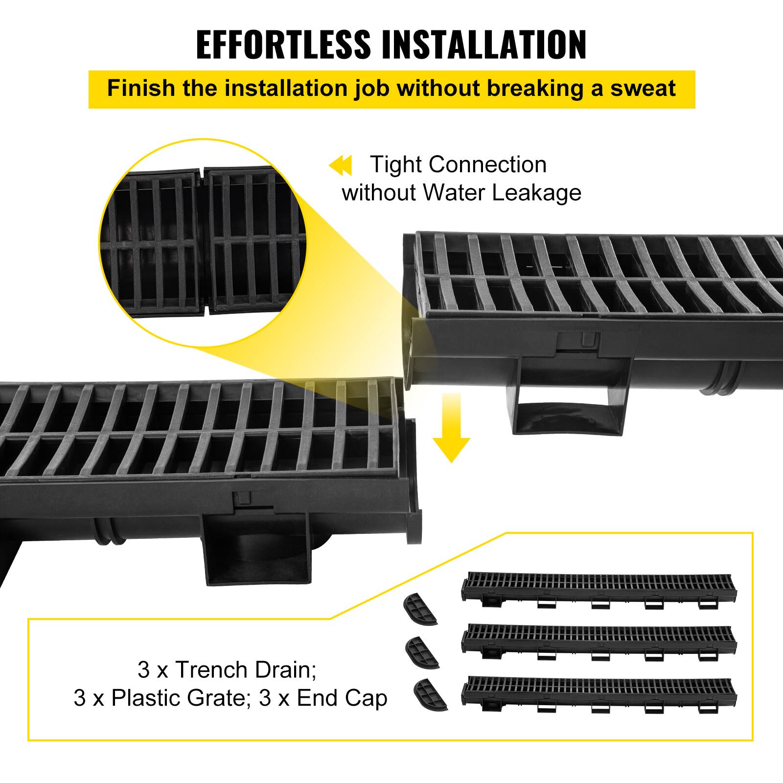 EFFORTLESS INSTALLATION  
Finish the installation job without breaking a sweat  

Tight Connection without Water Leakage  

3 x Trench Drain; 3 x Plastic Grate; 3 x End Cap