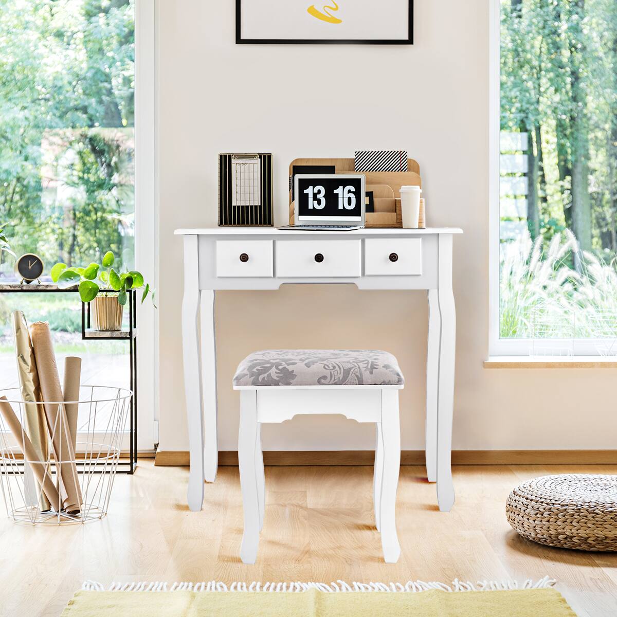 Alt View 4. Costway - Costway Makeup Desk Vanity Dressing Table Oval Stool 5 Storage Drawers - White.