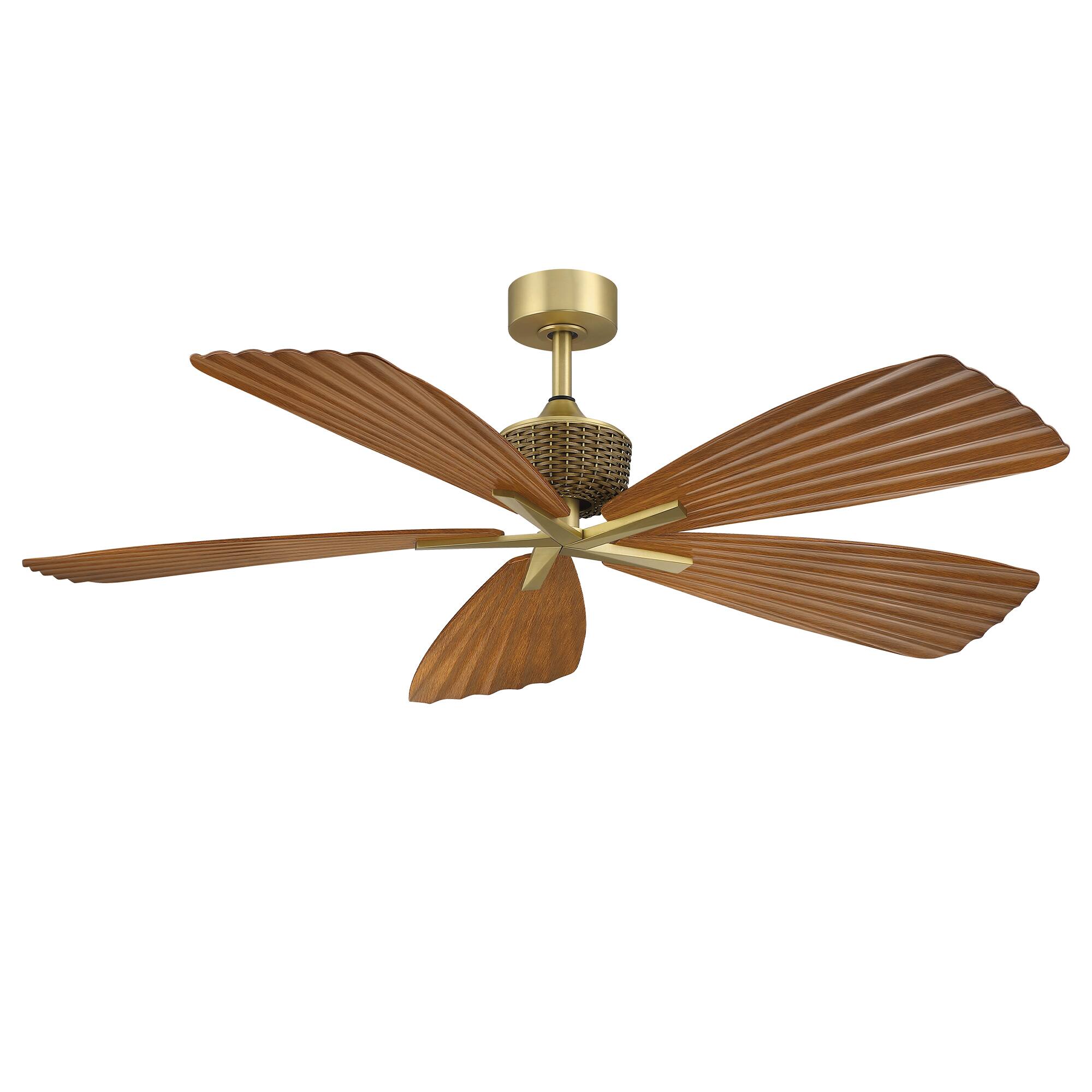 Alt View 7. Parrot Uncle - 56" Brown Tropical Pleated Leaf 5-Blade Indoor Outdoor Ceiling Fan with Remote, No Light - Gold.