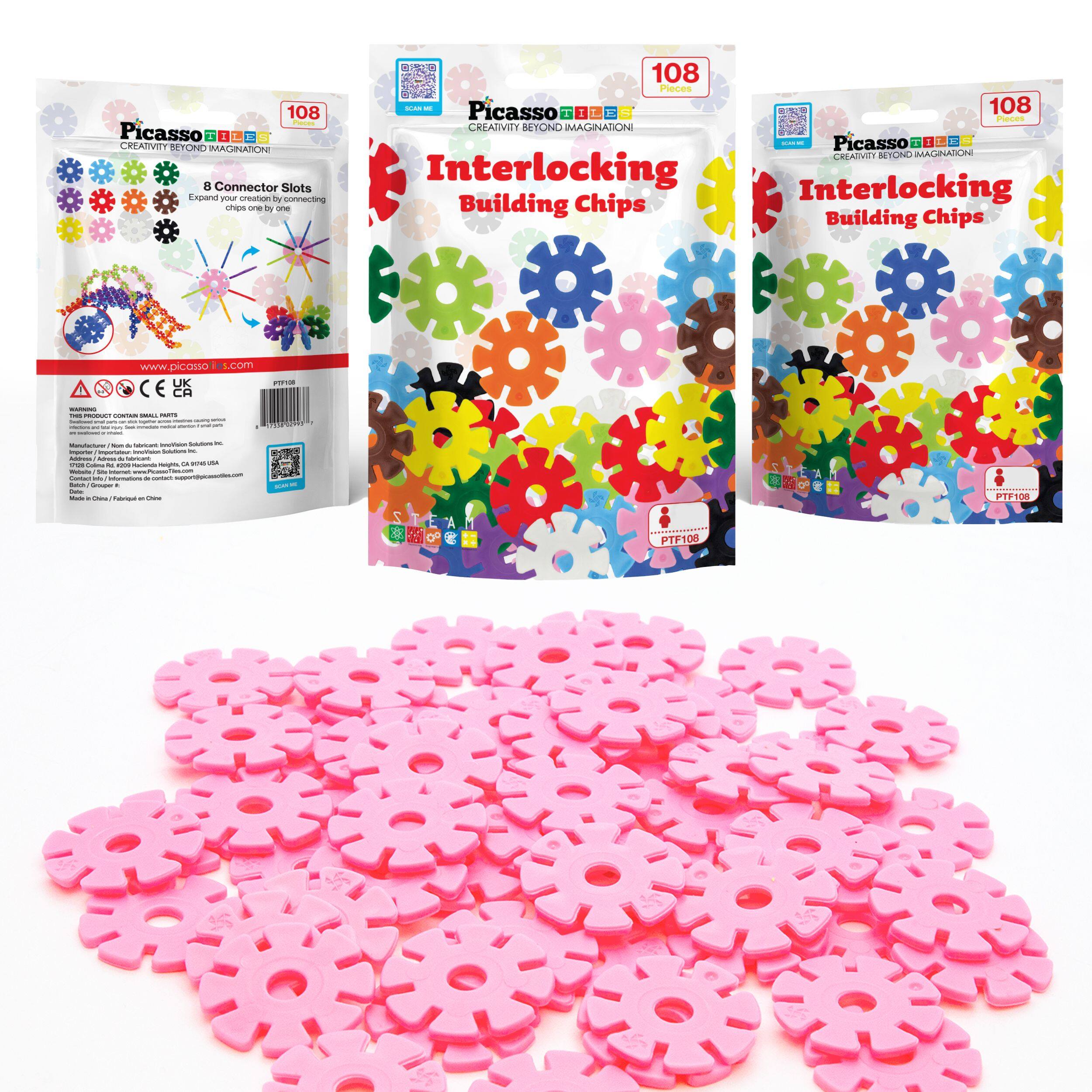 108 | Picasso  
CREATIVITY BEYOND IMAGINATION  
8 Connector Slots  
Expand your creativity by connecting chips one by one  

Interlocking Building Chips  

www.picasso16.com  
UK  
CE  

108 Pieces  

Interlocking Building Chips  

Picasso  
CREATIVITY BEYOND IMAGINATION  

108 Pieces  

Interlocking Building Chips  

Picasso  
CREATIVITY BEYOND IMAGINATION  

PTF108  

PEP108  
PTF106