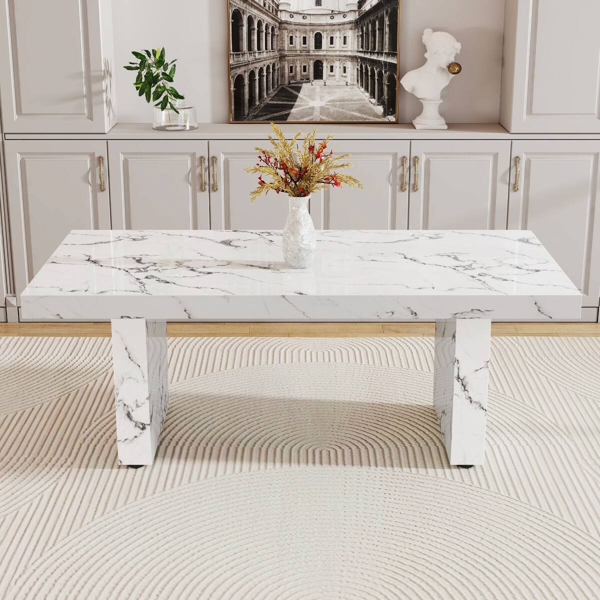 Left. Loheer - Loheer White Marble Pattern MDF Dining Table for 8 to 10 People - White.