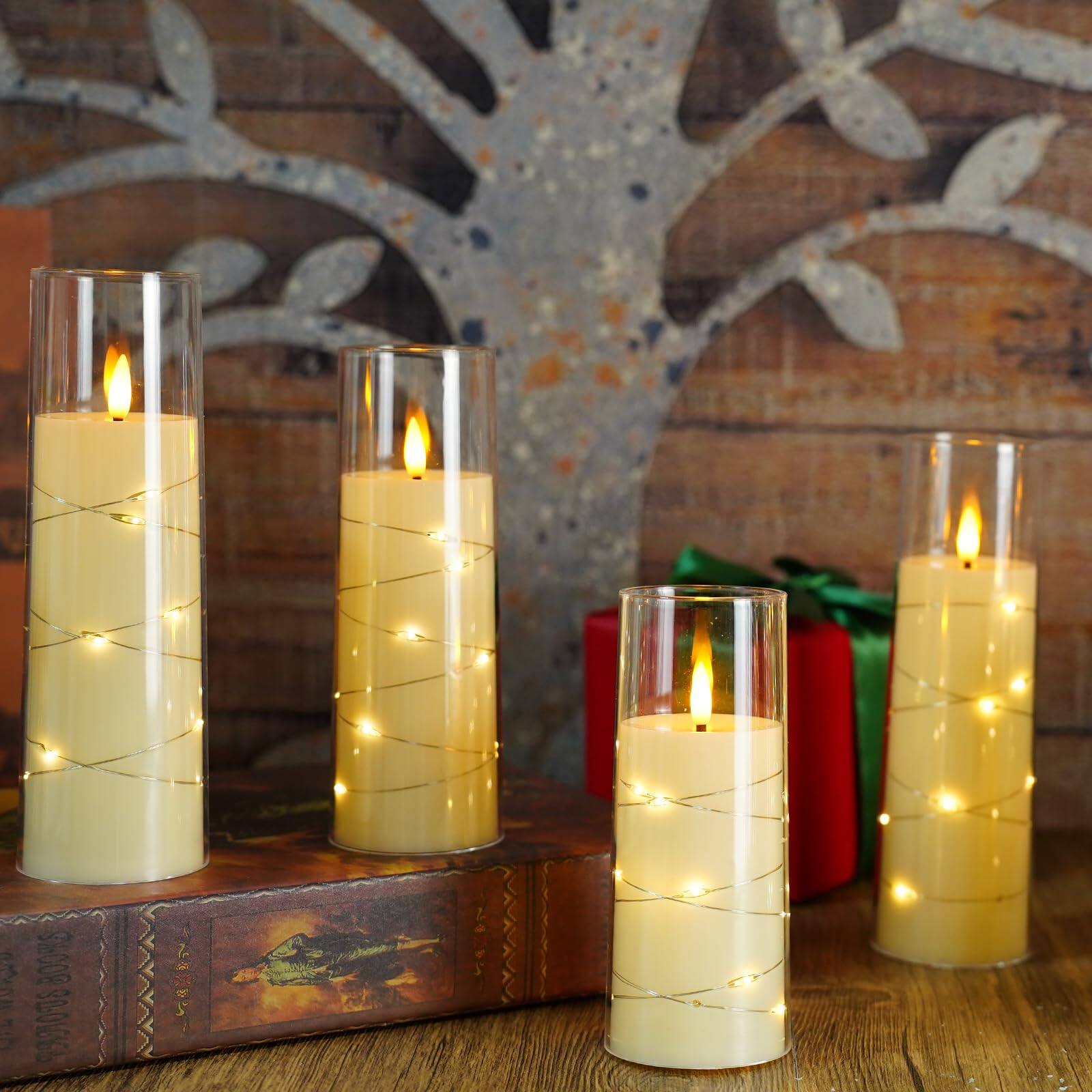 Angle. Dazzed Corner - Flameless LED Candles with Embedded Star String, Set of 7 Battery Operated Pillar Candles with Timer and Remote Control - Ivory.