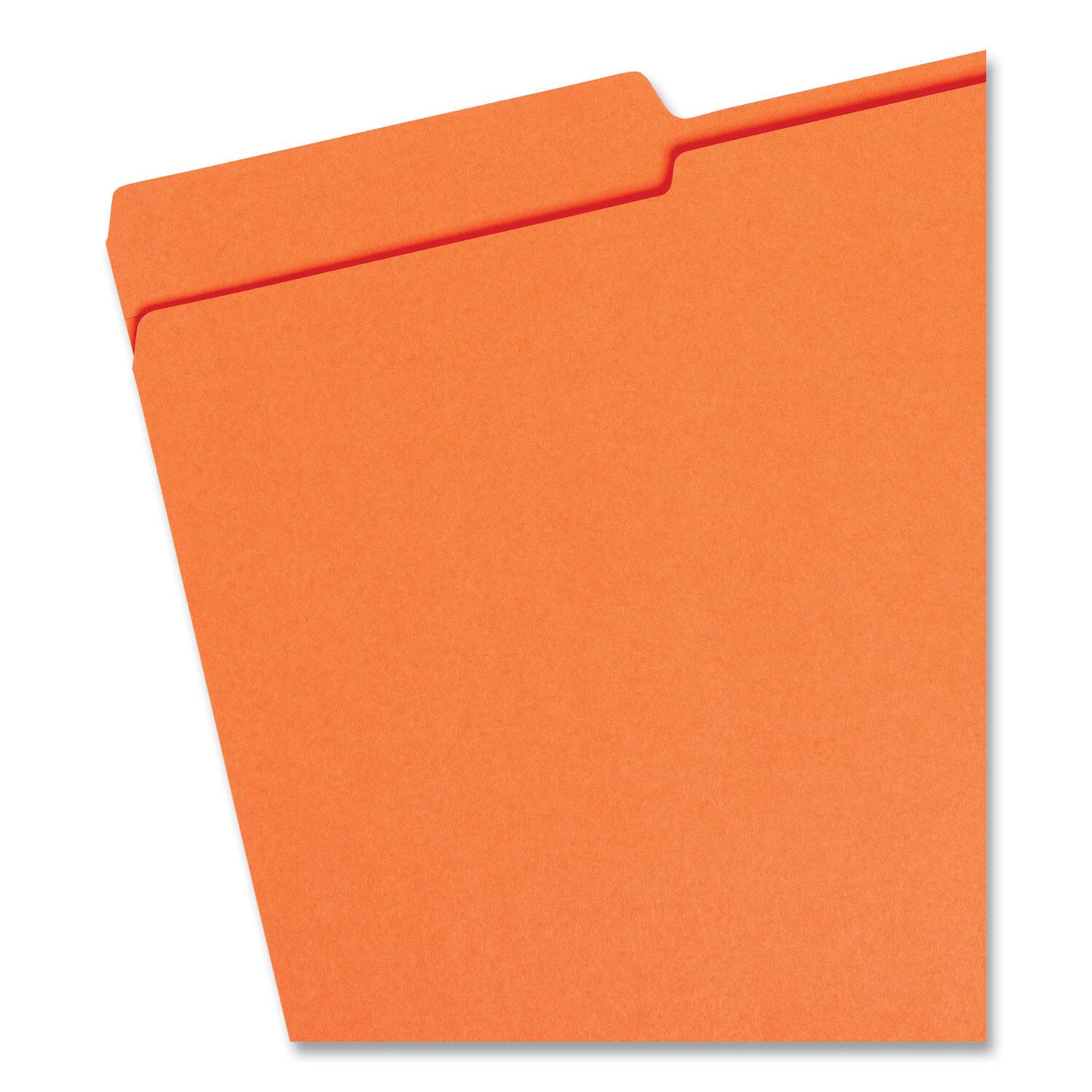 Angle. Smead Manufacturing - Reinforced Top Tab Colored File Folders, 1/3-Cut Tabs: Assorted, Legal Size, 0.75" Expansion, Orange, 100/Box.