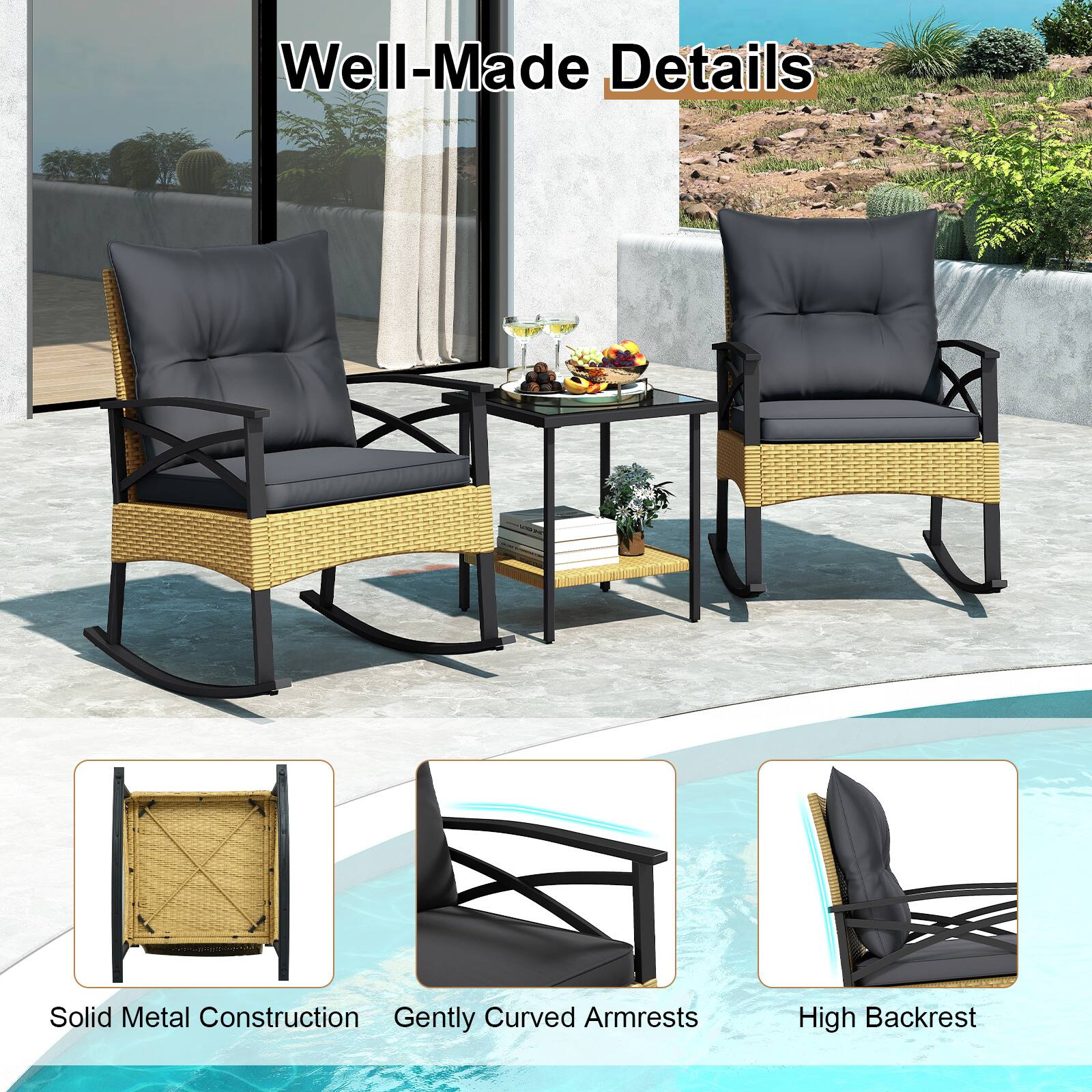 Well-Made Details  
Solid Metal Construction  
Gently Curved Armrests  
High Backrest