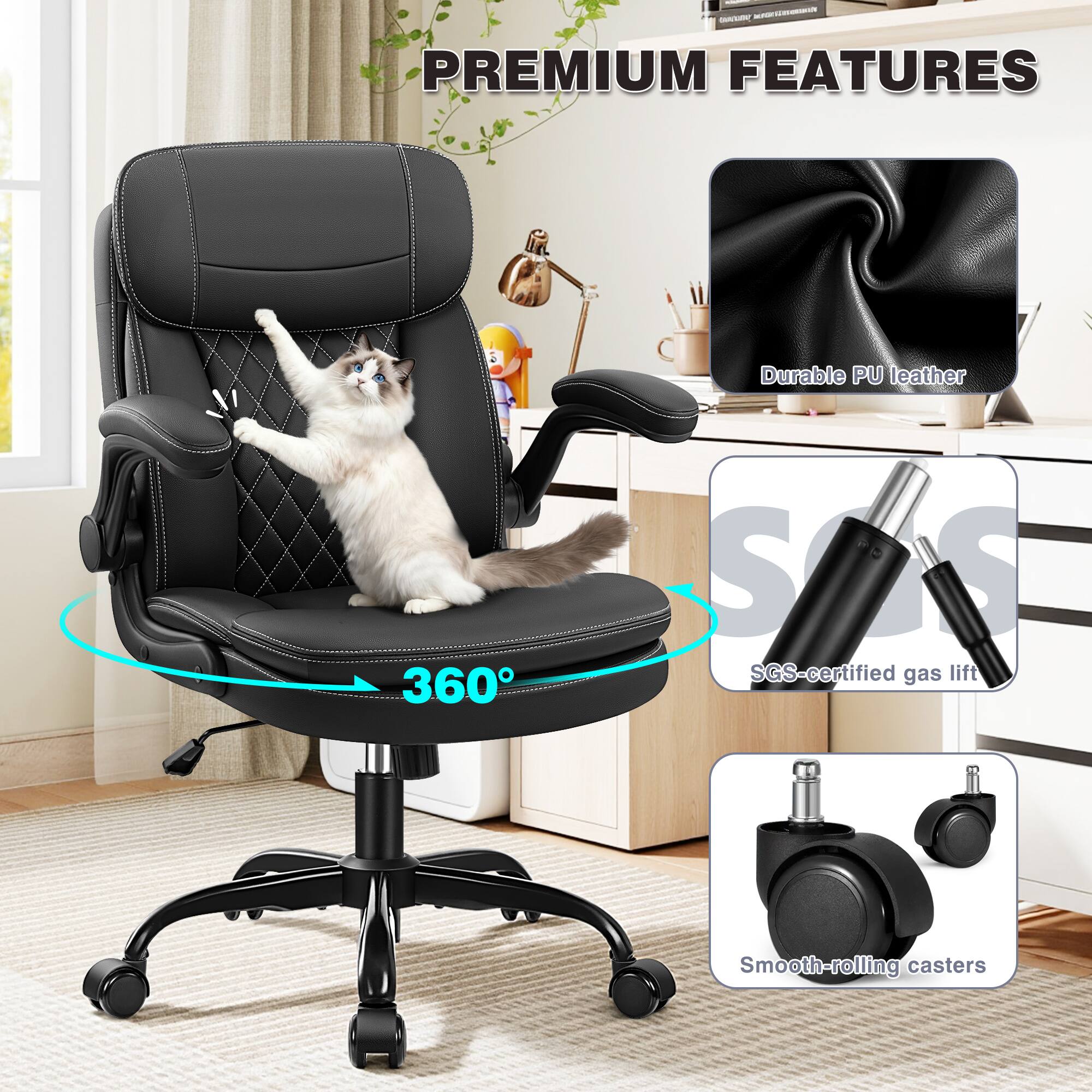 - PREMIUM FEATURES
  - Durable PU leather
  - 360°
  - SGS-certified gas lift
  - Smooth-rolling casters