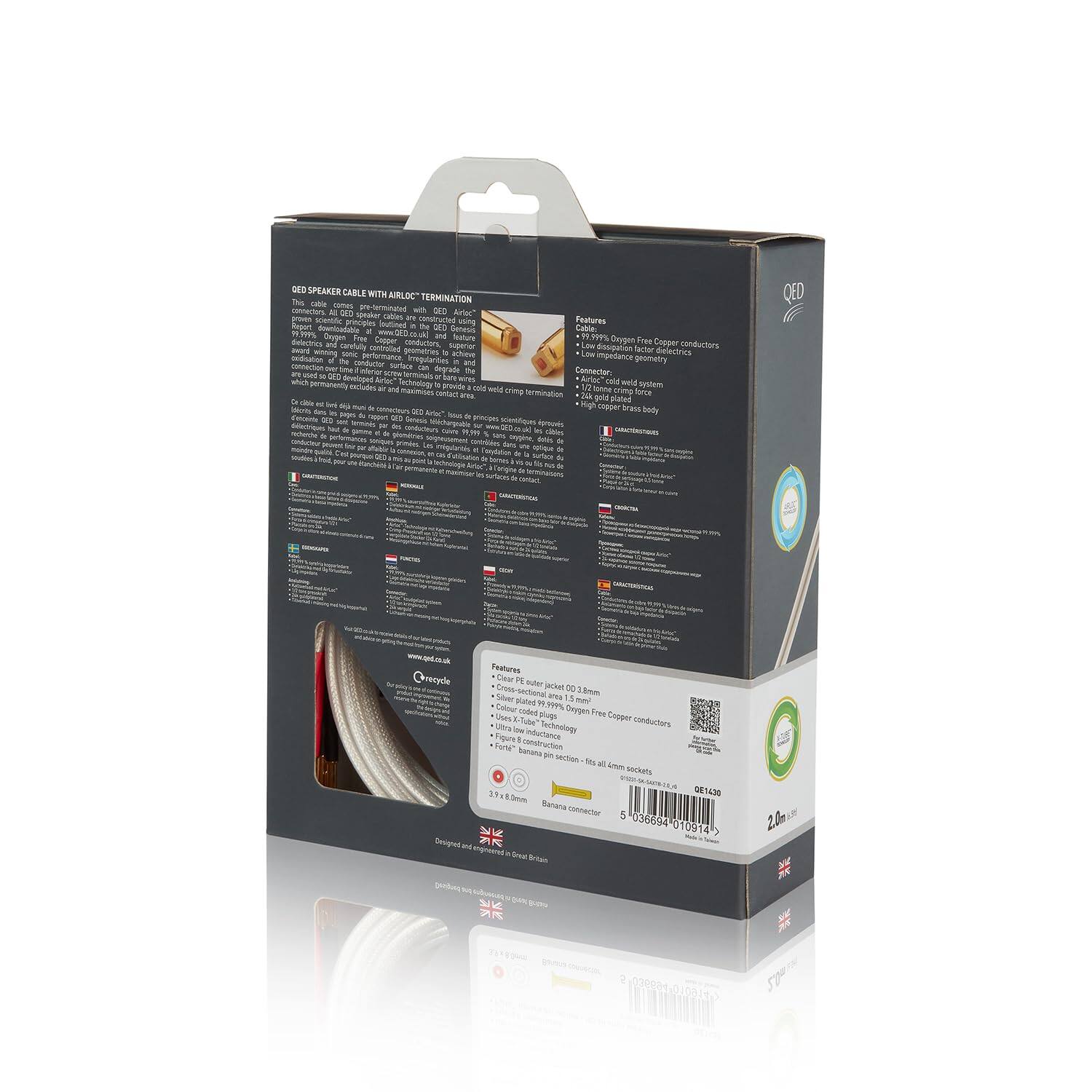GEO SPEAKER CABLE WITH AIRLOC™ TERMINATION

Features:
- 99.99% Oxygen Free Copper Conductors
- Low Displacement Factor Dielectric
- Connector Cold Weld System
- 24k Gold Plated Force
- Connector Body
- 2.99mm

Cable:
- 99.99% Oxygen Free Copper Conductors
- Low Displacement Factor Dielectric
- Connector Cold Weld System
- 24k Gold Plated Force
- Connector Body

Connector:
- 2.99mm

Designed and made in the UK

www.qed.co.uk

Features:
- Cross-sectional geometry
- Colour-coded 99.99% Oxygen Free Copper Conductors
- Figure 8 geometry
- Ultra-pure Oxygen Free Copper
- 2.99mm

2.0m

Designed and made in the UK