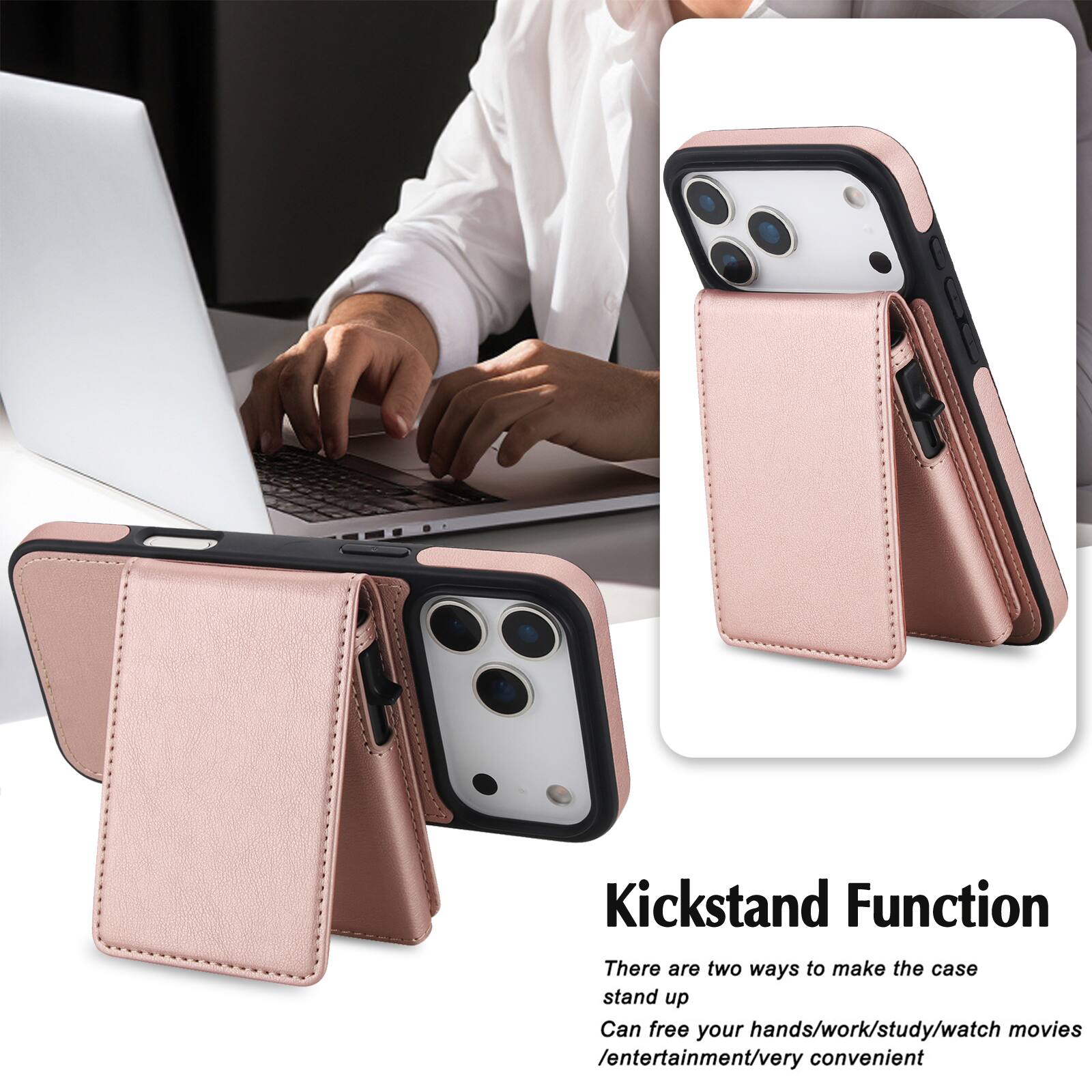 Kickstand Function

There are two ways to make the case stand up. Can free your hands/work/study/watch movies/entertainment/very convenient